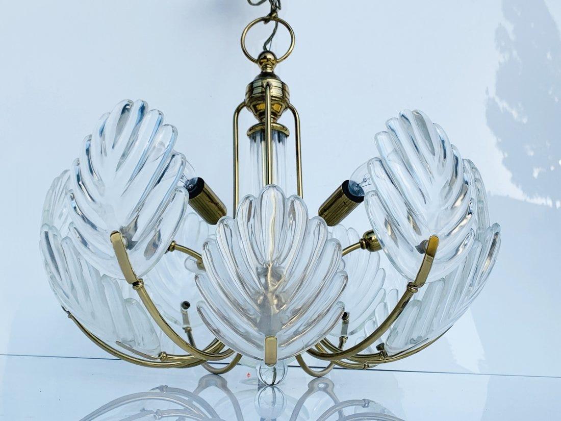 Italian Vintage Brass & Murano Glass Leaf Chandelier