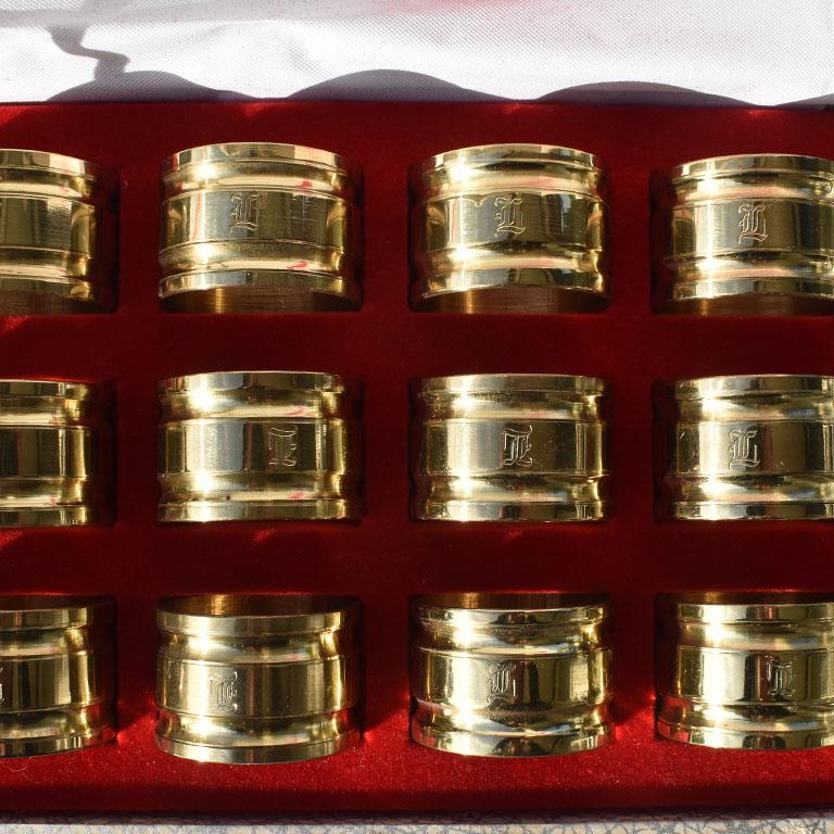 Mid-Century Modern Vintage Brass Napkin Rings Engraved with 