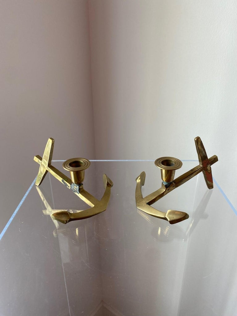 Vintage Brass Nautical Anchor Candle Holders For Sale at 1stDibs
