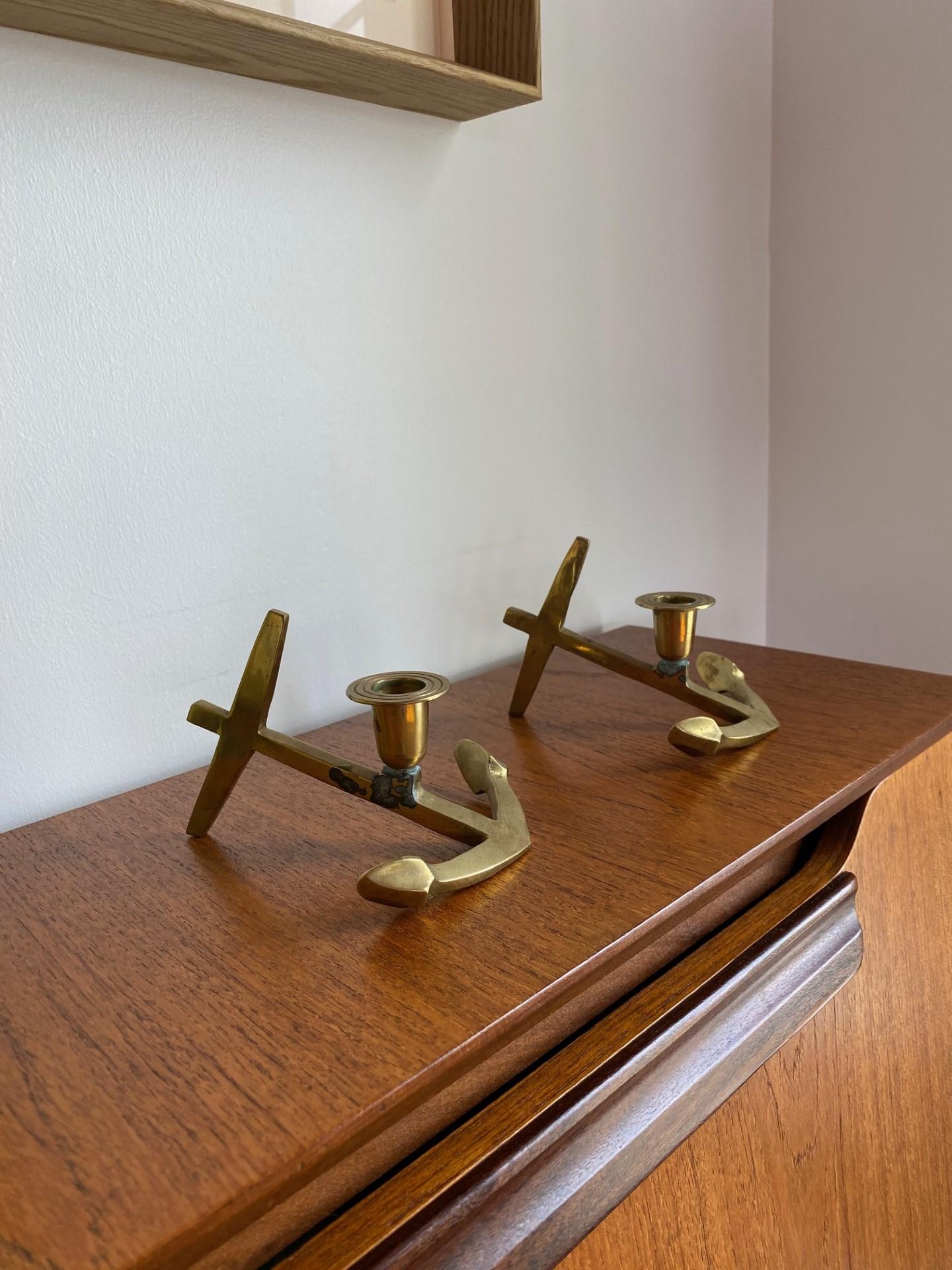 Cast Vintage Brass Nautical Anchor Candle Holders For Sale
