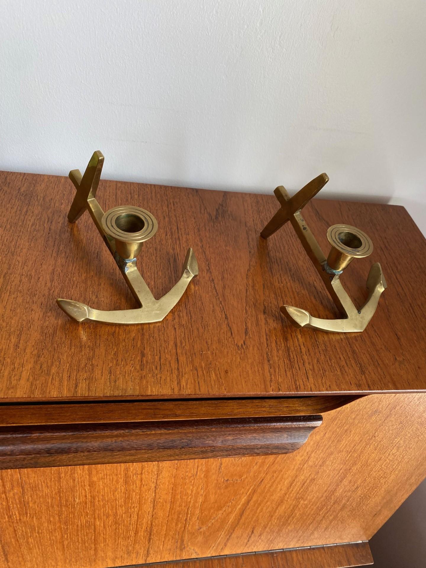 Vintage Brass Nautical Anchor Candle Holders In Good Condition For Sale In San Diego, CA