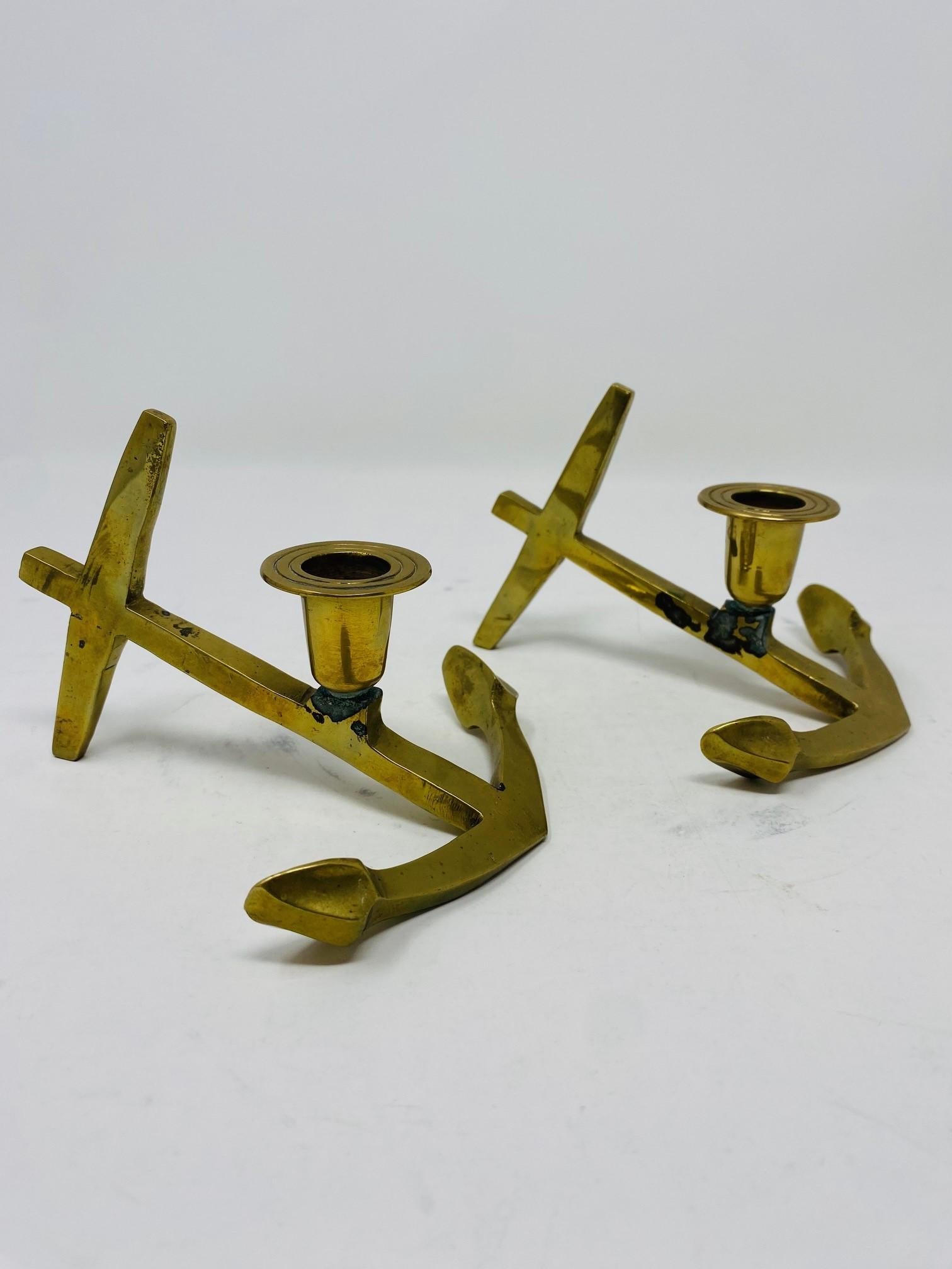 Mid-20th Century Vintage Brass Nautical Anchor Candle Holders For Sale