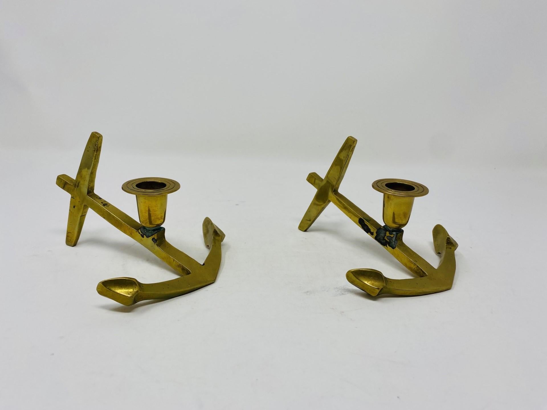 Vintage Brass Nautical Anchor Candle Holders For Sale 1
