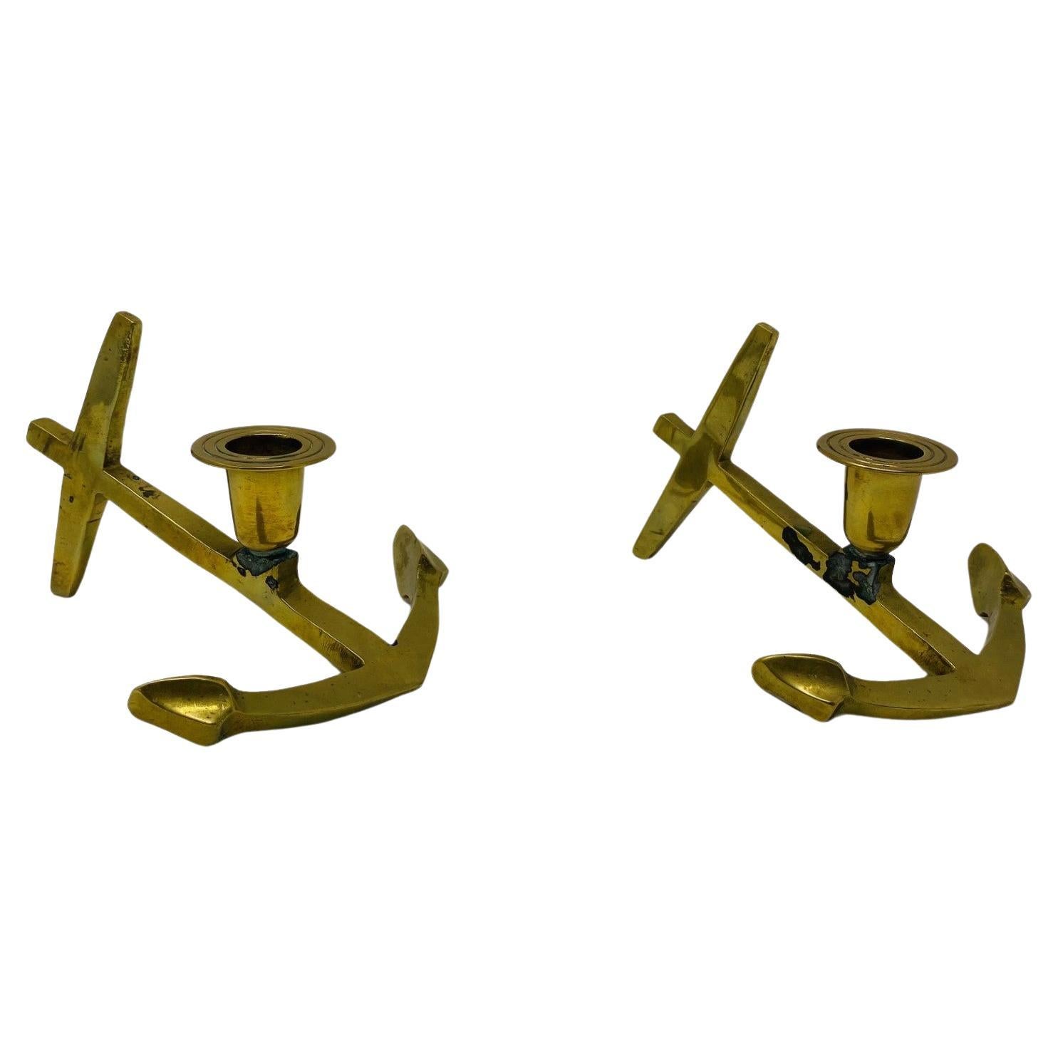 Vintage Brass Nautical Anchor Candle Holders