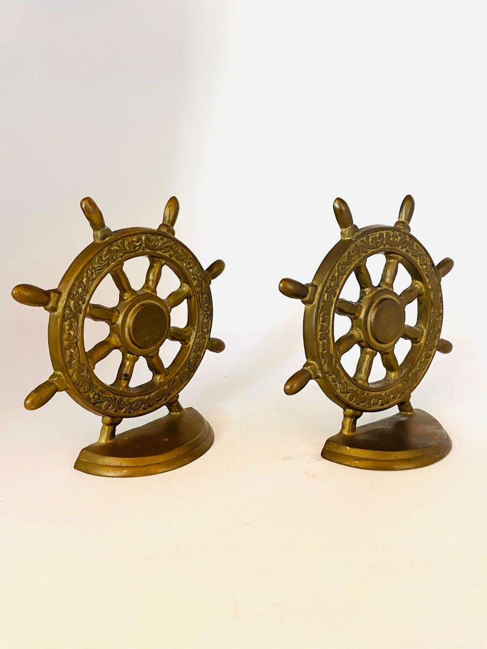 Vintage Brass Nautical Captain Ship Wheel Bookends For Sale 1