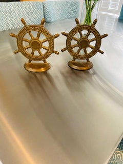 Vintage Brass Nautical Captain Ship Wheel Bookends