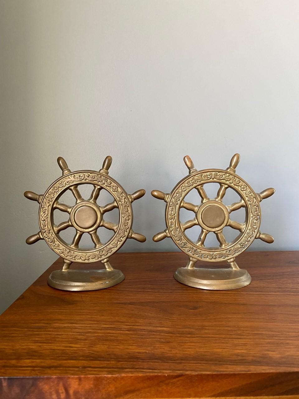 American Vintage Brass Nautical Captain Ship Wheel Bookends For Sale