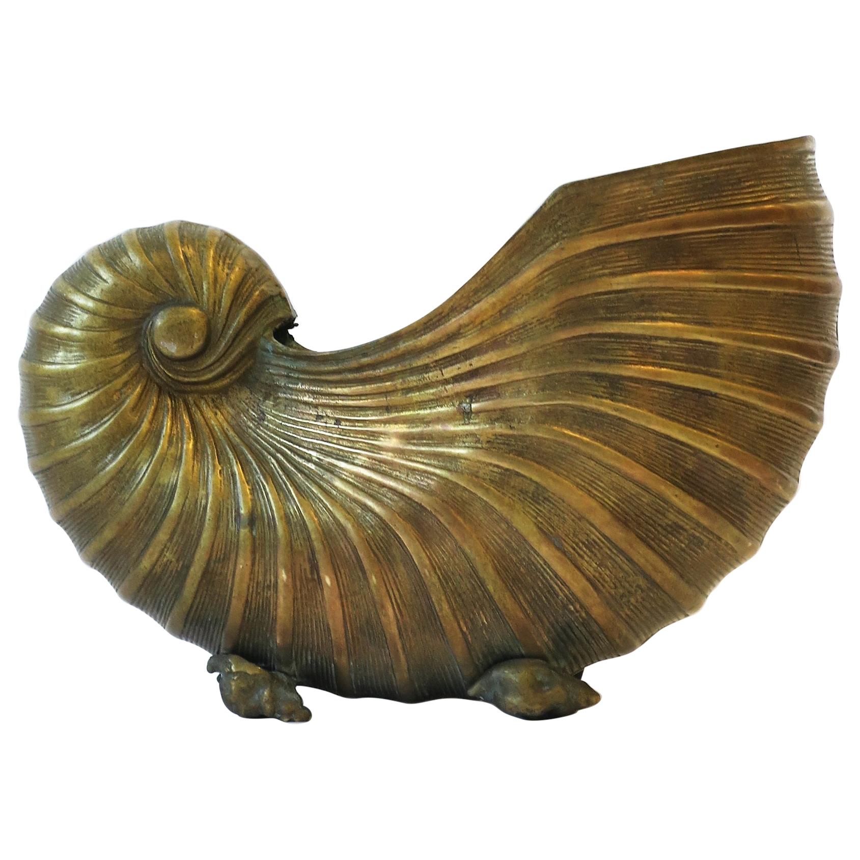 Brass Nautilus Seashell Cachepot Jardinière Flower Plant Holder, 20th c.