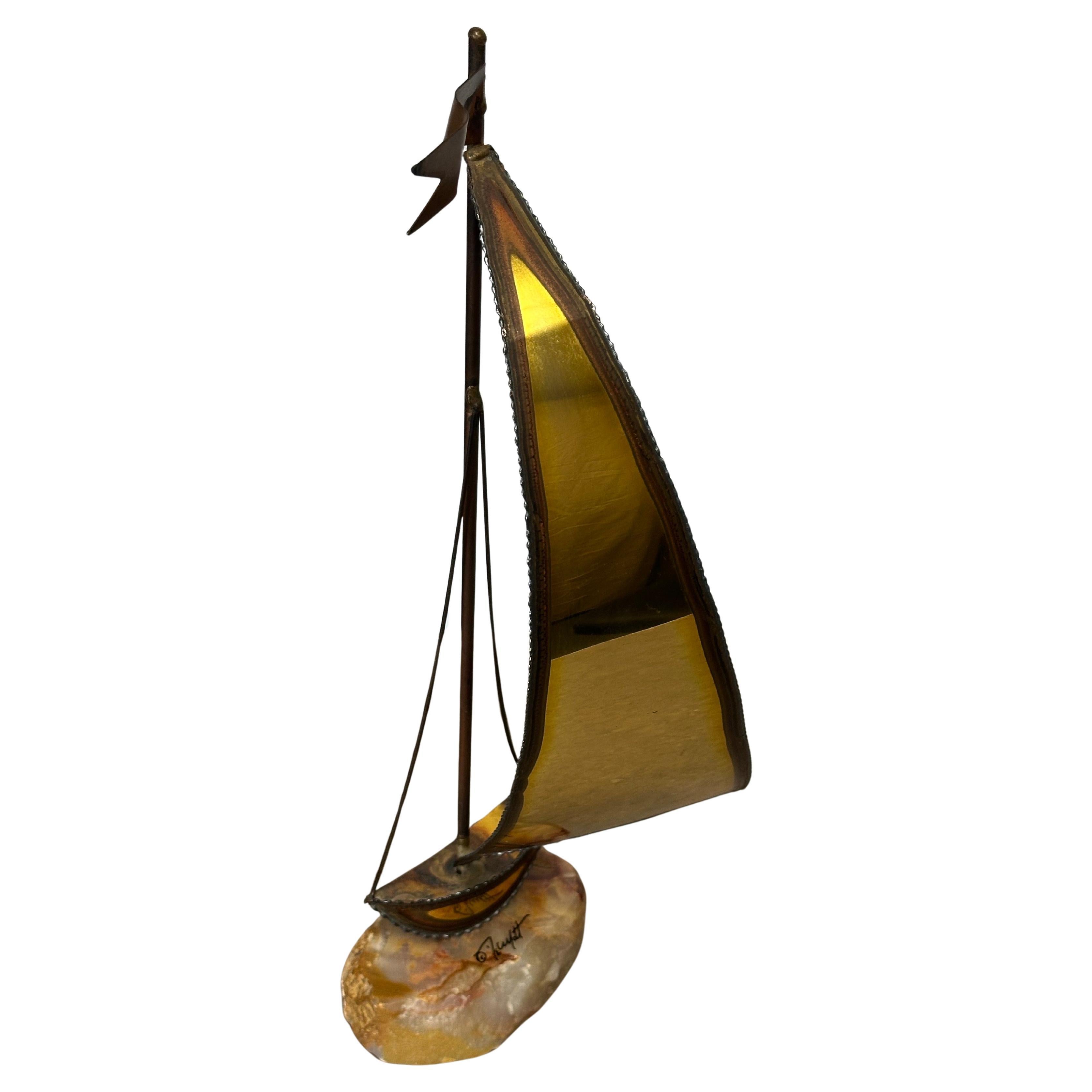 Scultura di veliero d'epoca in ottone e quarzo di Demott, firmata