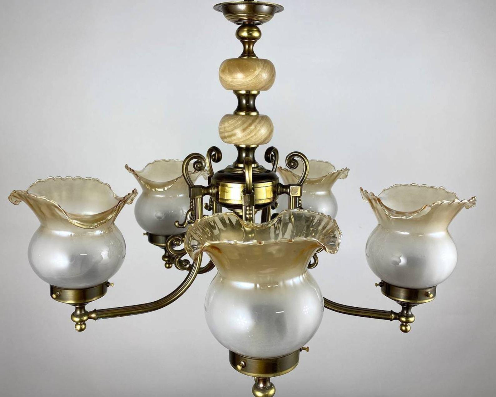 Vintage Brass & Onyx Chandelier by Lacroix Leuchten, 1960s For Sale 1