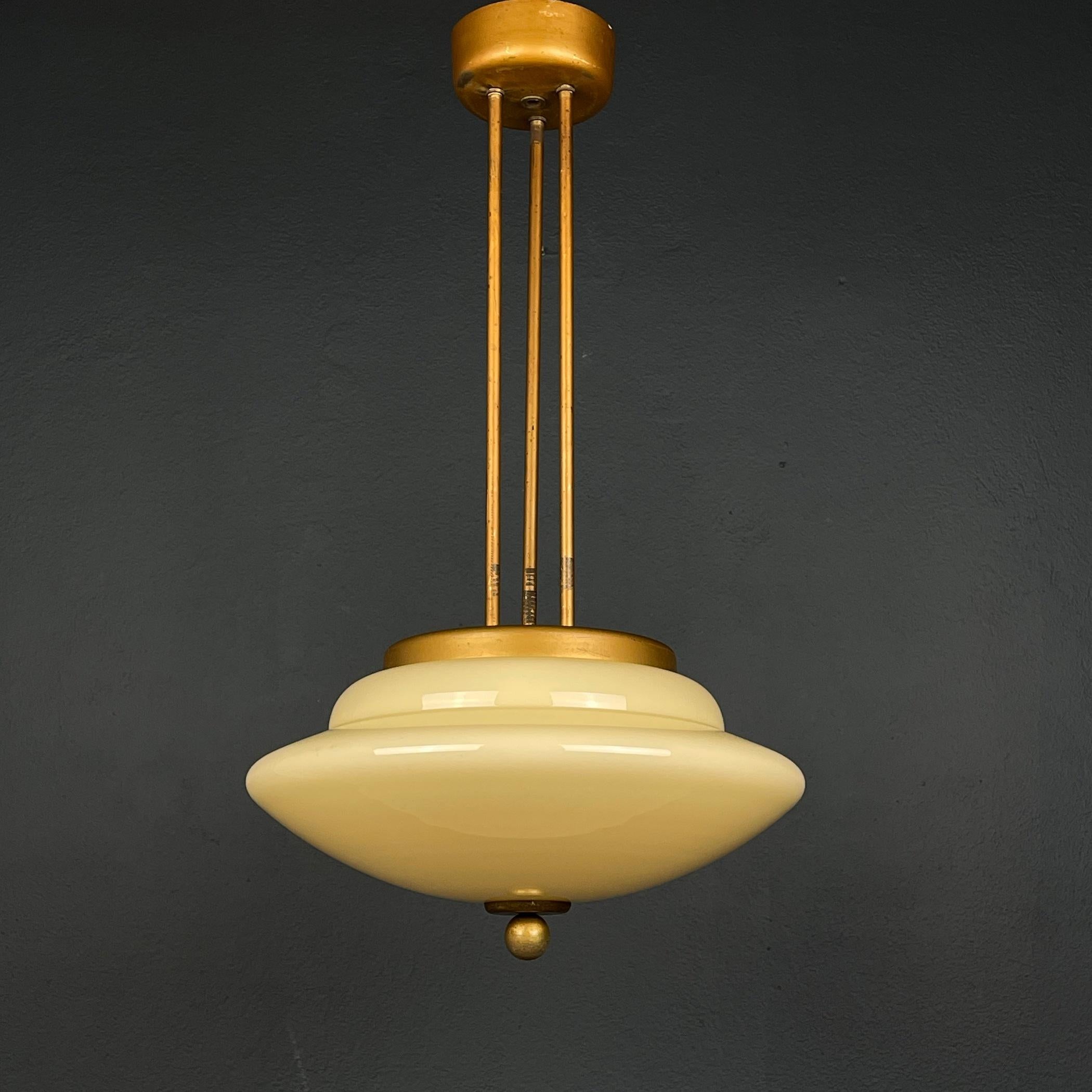 20th Century Vintage brass opalin glass chandelier Italy 1950s  For Sale
