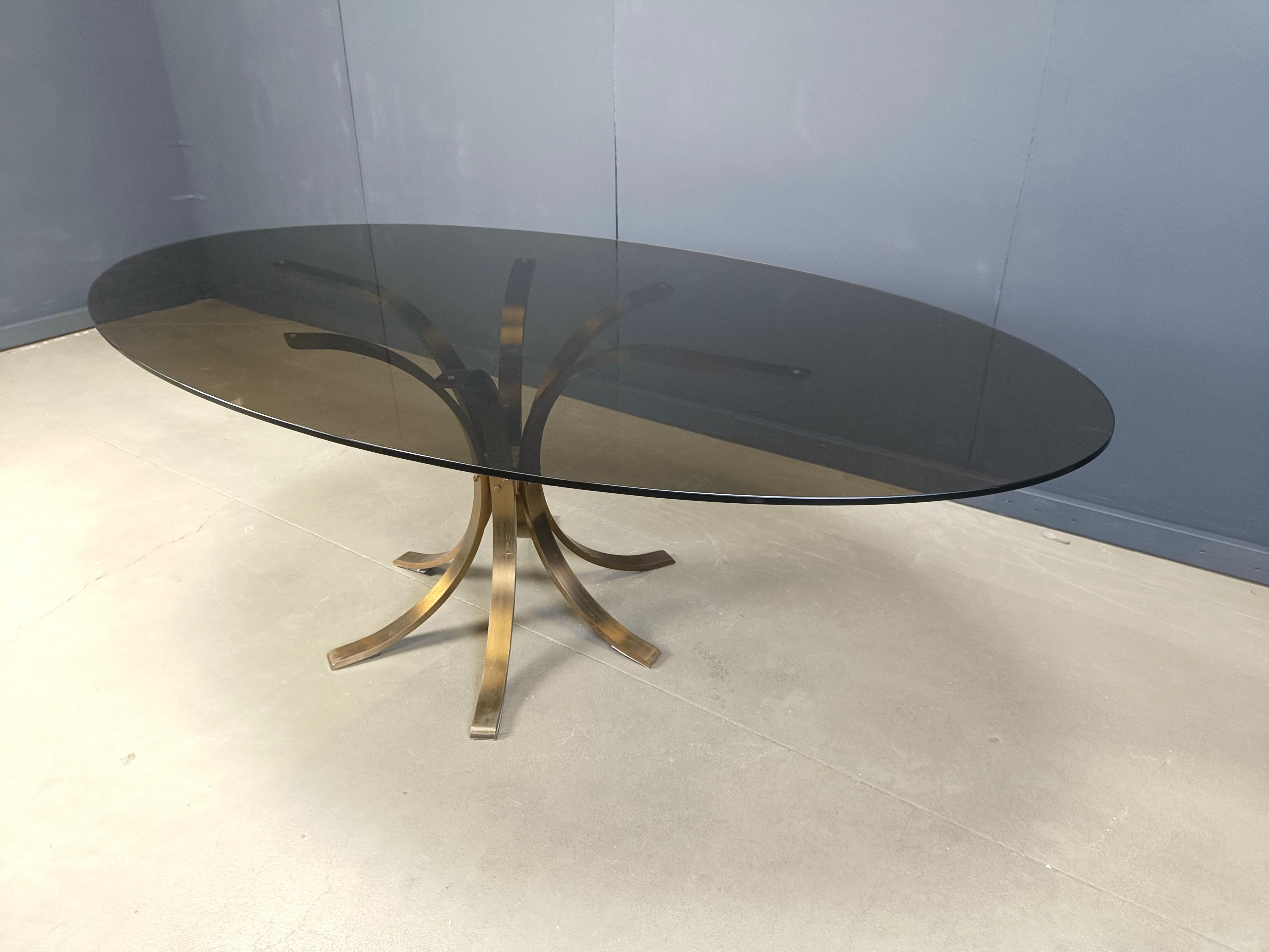 French Vintage brass oval glass dining table, 1970s