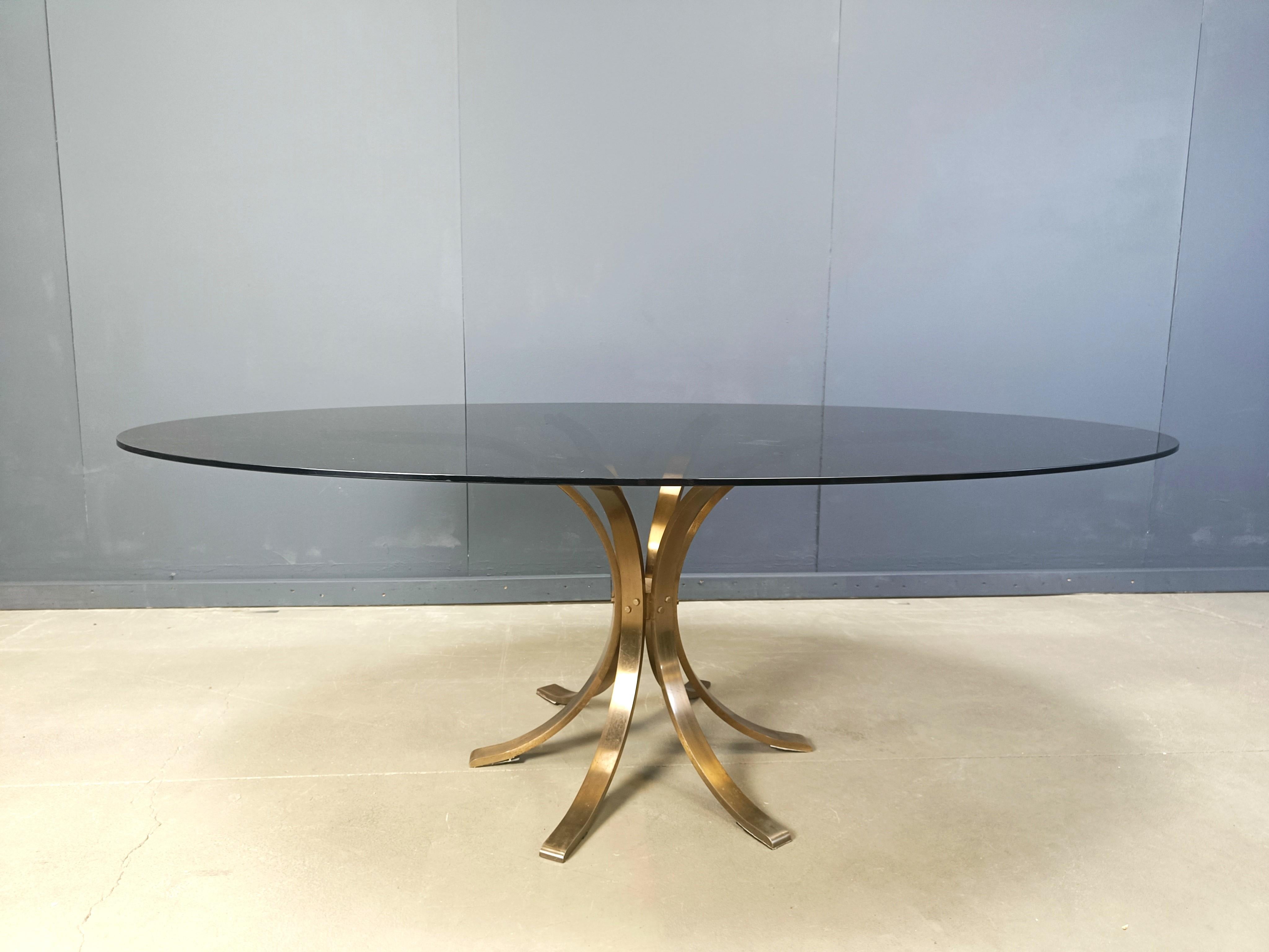 Brass Vintage brass oval glass dining table, 1970s