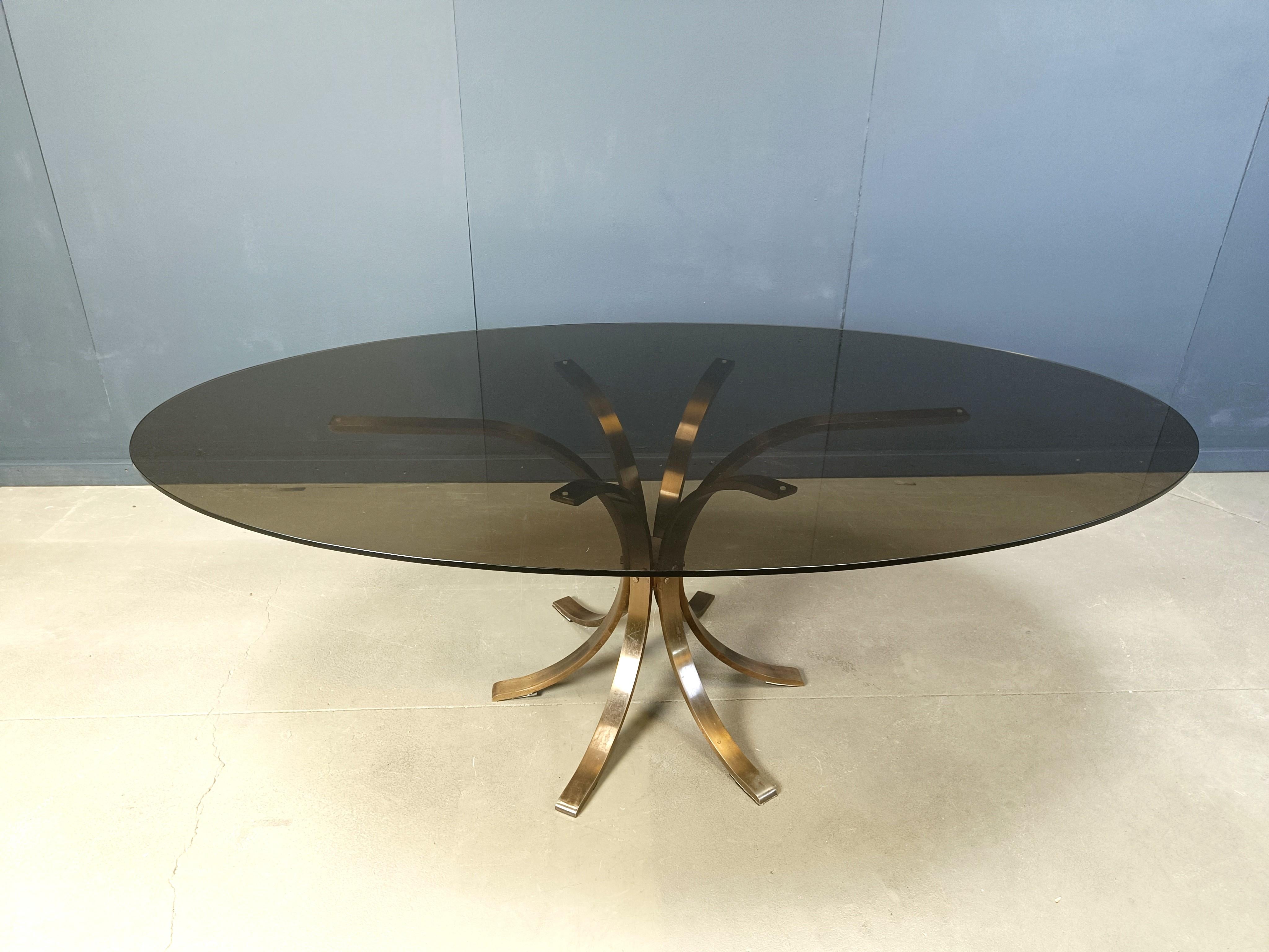 Vintage brass oval glass dining table, 1970s 2