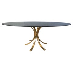 Vintage brass oval glass dining table, 1970s