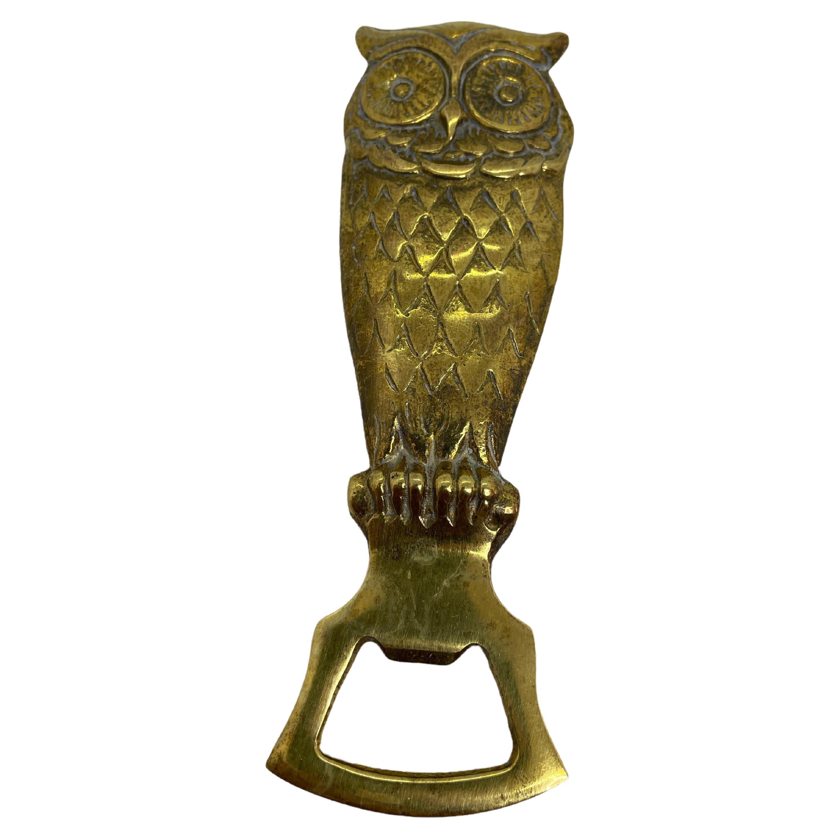 Vintage Brass Owl Bottle Opener Mid-Century Modern Metal Breweriana Barware