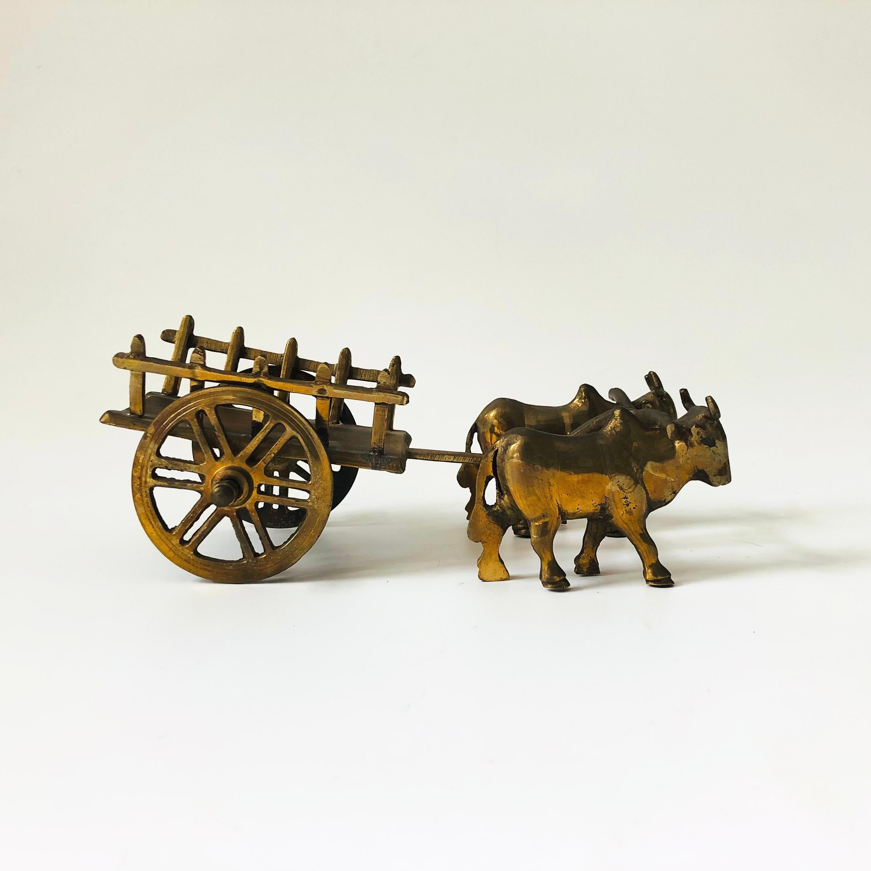 Vintage Brass Oxen Cart In Good Condition For Sale In Vallejo, CA