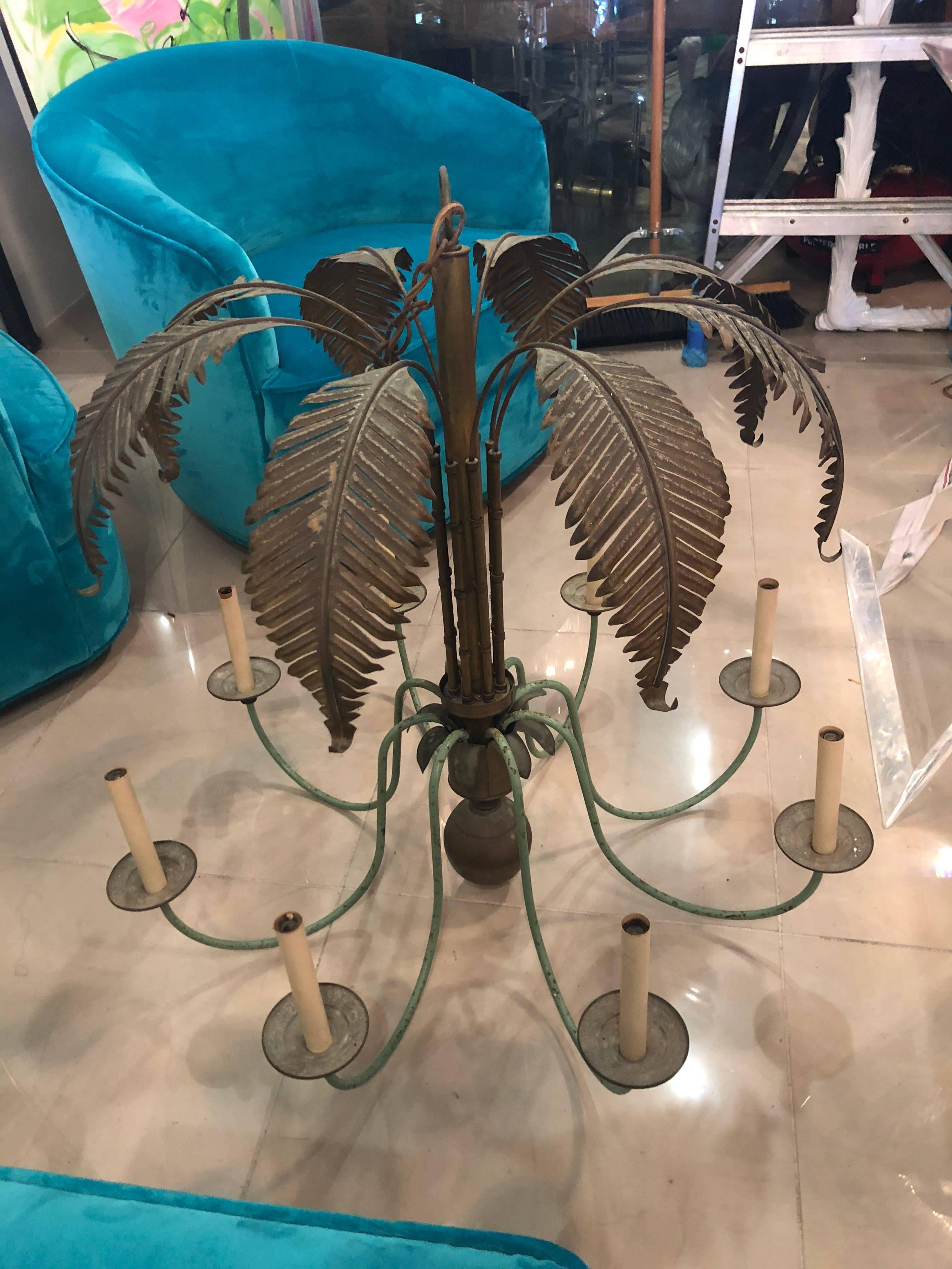 Vintage Brass Palm Frond Leaf Tree 8 Light Chandelier Faux Bamboo Palm Beach 4