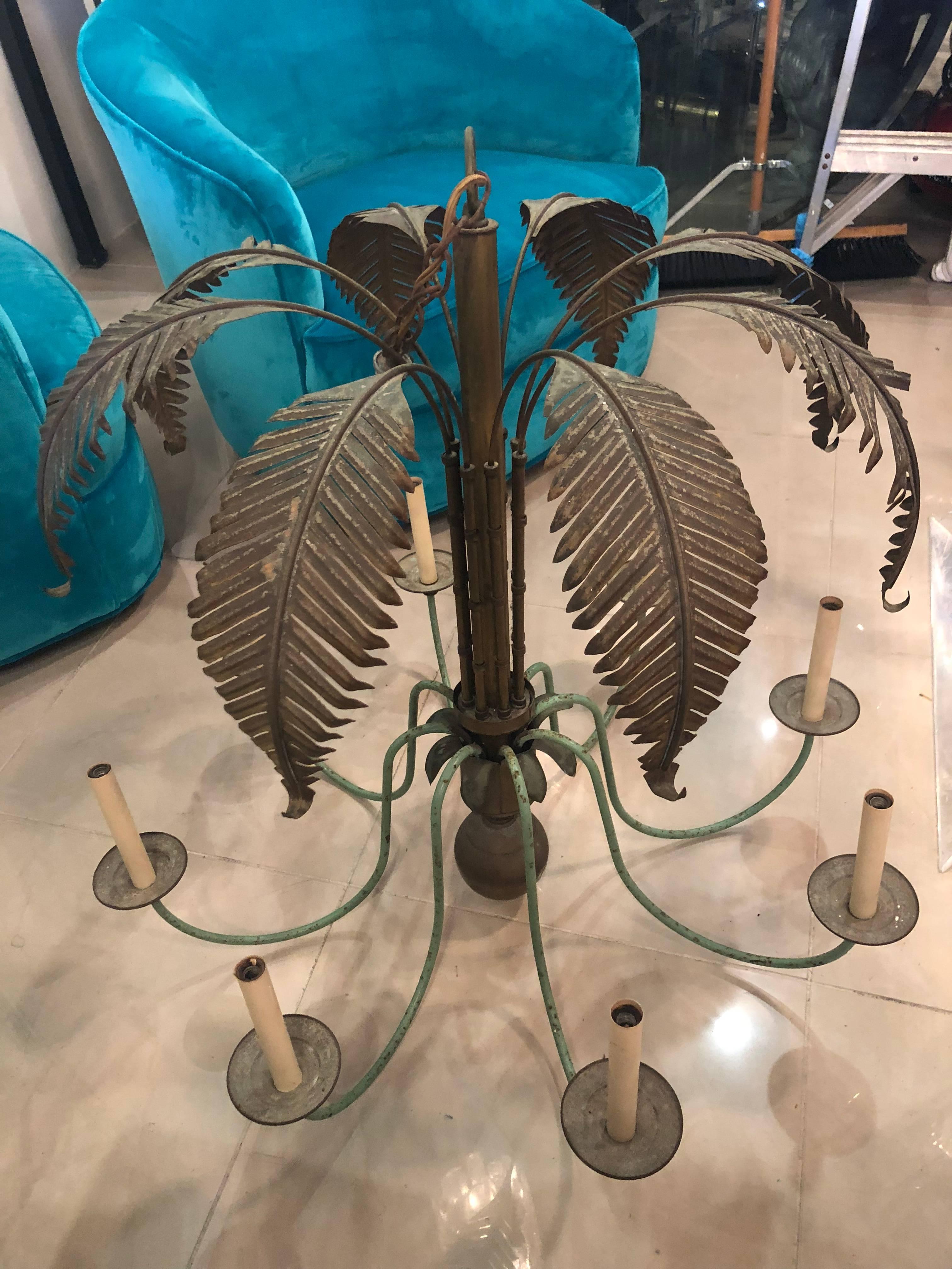 Vintage Brass Palm Frond Leaf Tree 8 Light Chandelier Faux Bamboo Palm Beach 5
