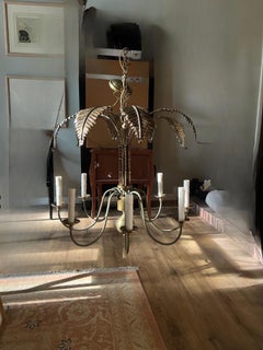 Vintage Brass Palm Frond Leaf Tree 8 Light Chandelier Faux Bamboo Palm Beach