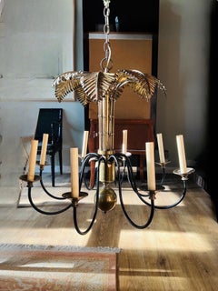 Vintage Brass Palm Frond Leaf Tree 8 Light Chandelier Faux Bamboo Palm Beach