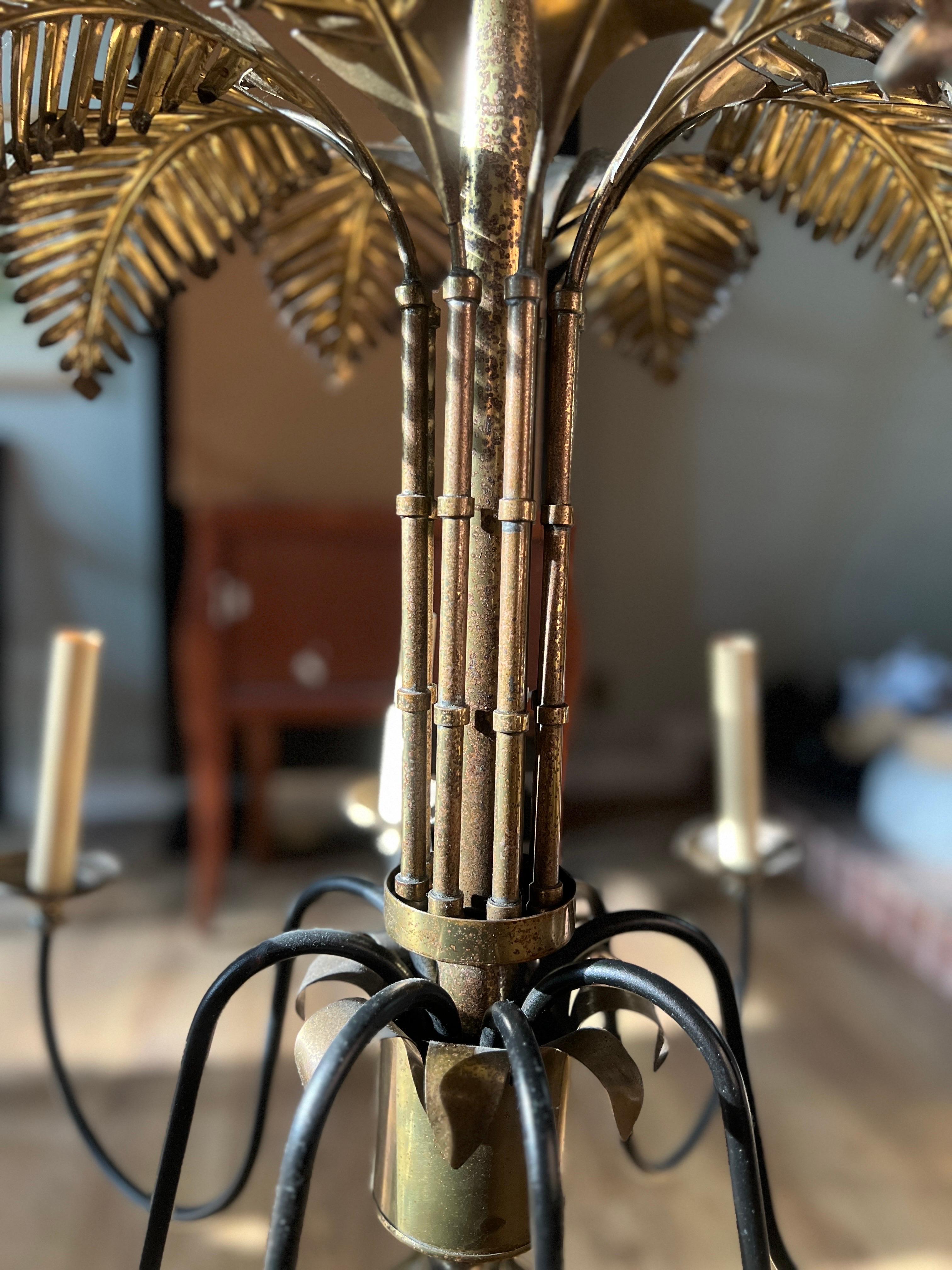 Hollywood Regency Vintage Brass Palm Frond Leaf Tree 8 Light Chandelier Faux Bamboo Palm Beach For Sale