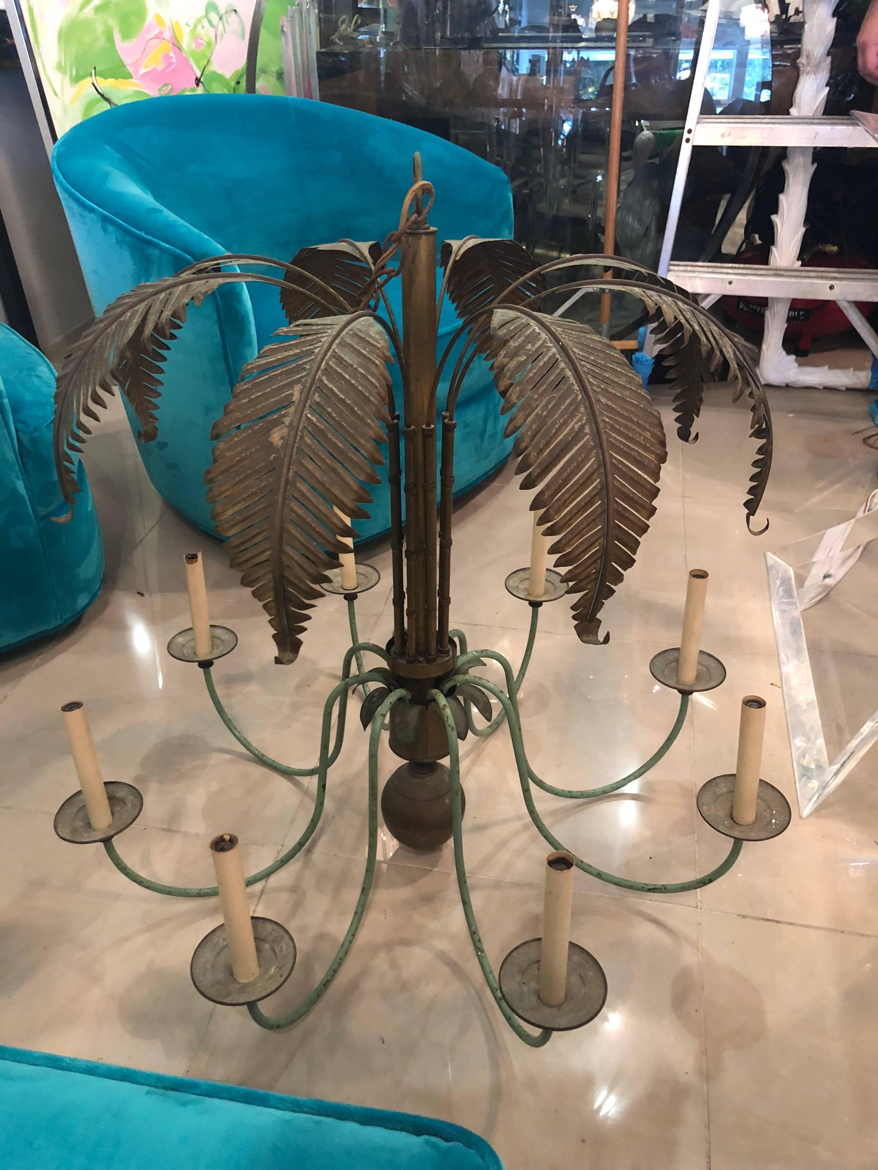Vintage Brass Palm Frond Leaf Tree 8 Light Chandelier Faux Bamboo Palm Beach 3