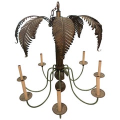 Vintage Brass Palm Frond Leaf Tree 8 Light Chandelier Faux Bamboo Palm Beach