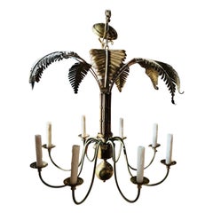 Lustre vintage en laiton à 8 feux en forme de palmier et faux bambou de plage de palmier