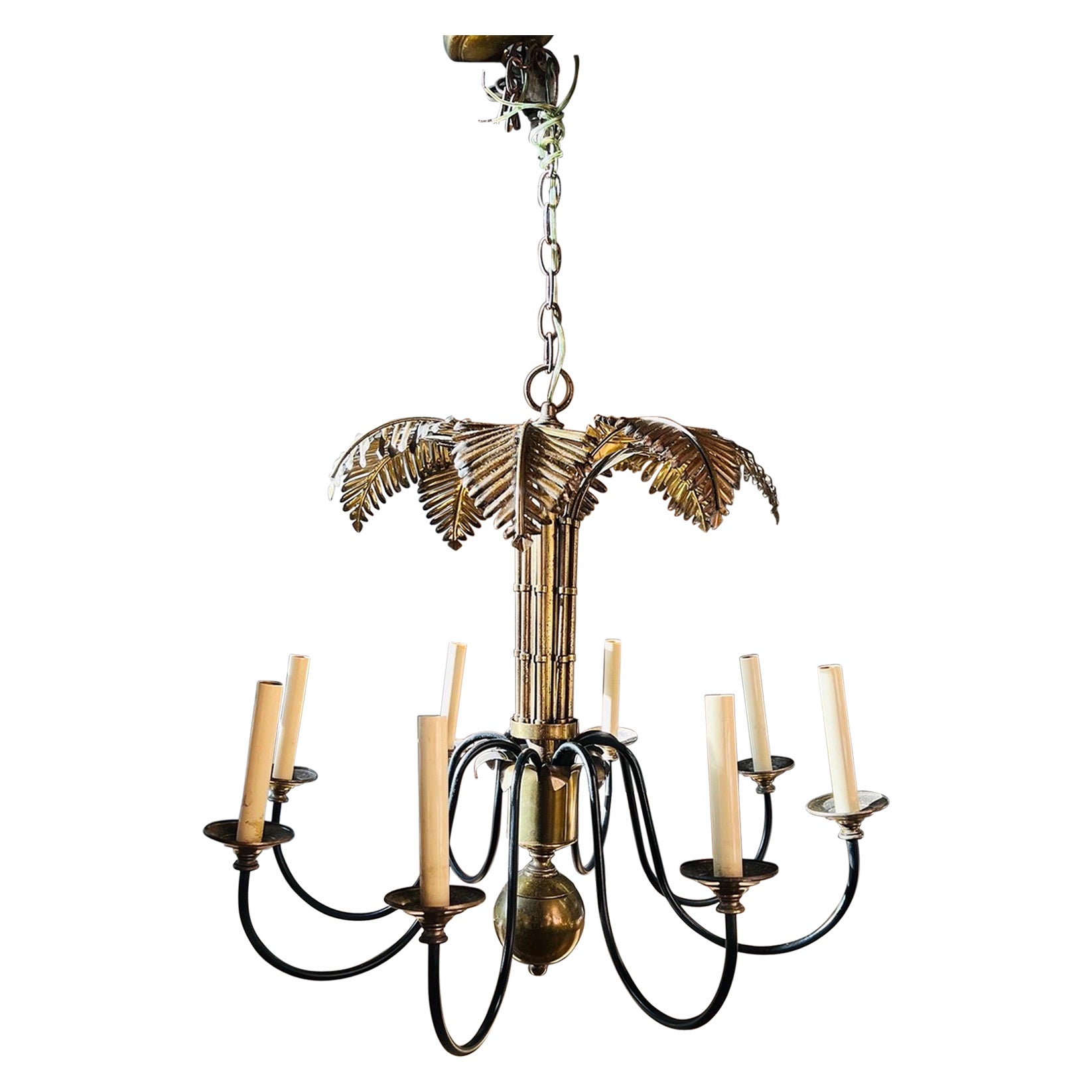 Lustre vintage en laiton à 8 feux en forme de palmier et faux bambou de plage de palmier en vente