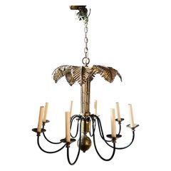 Vintage Brass Palm Frond Leaf Tree 8 Light Chandelier Faux Bamboo Palm Beach