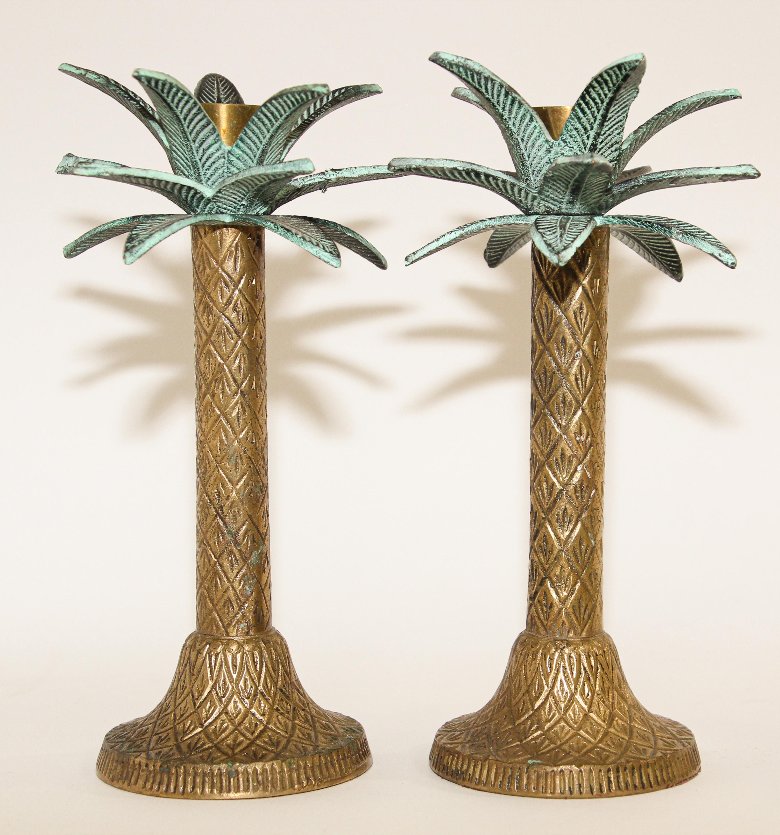 Asian Vintage Brass Palm Tree Candlestick Holders a Pair