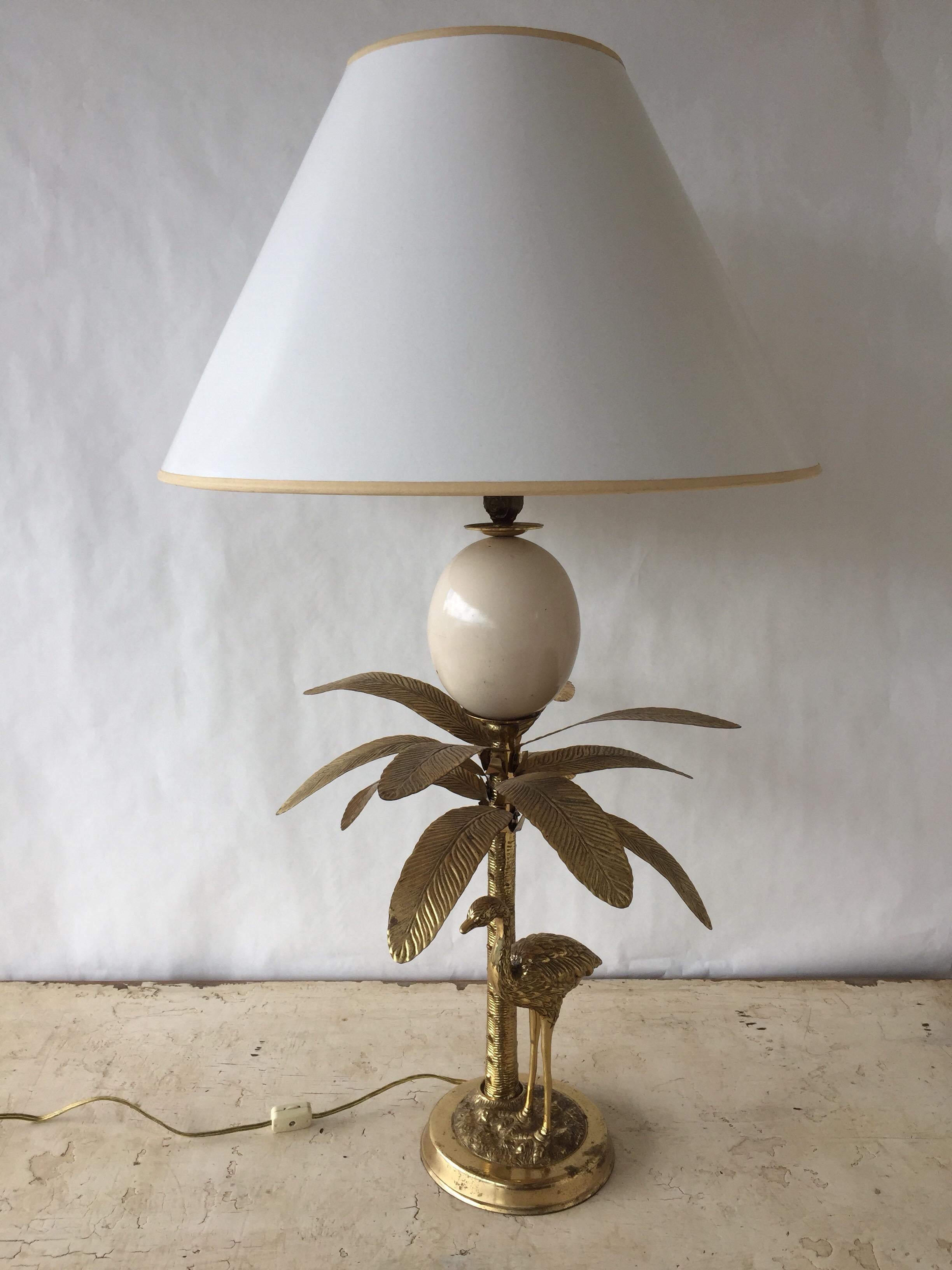 Painted Vintage Brass Palm Tree and Faux Ostrich Egg Table Lamp For Sale