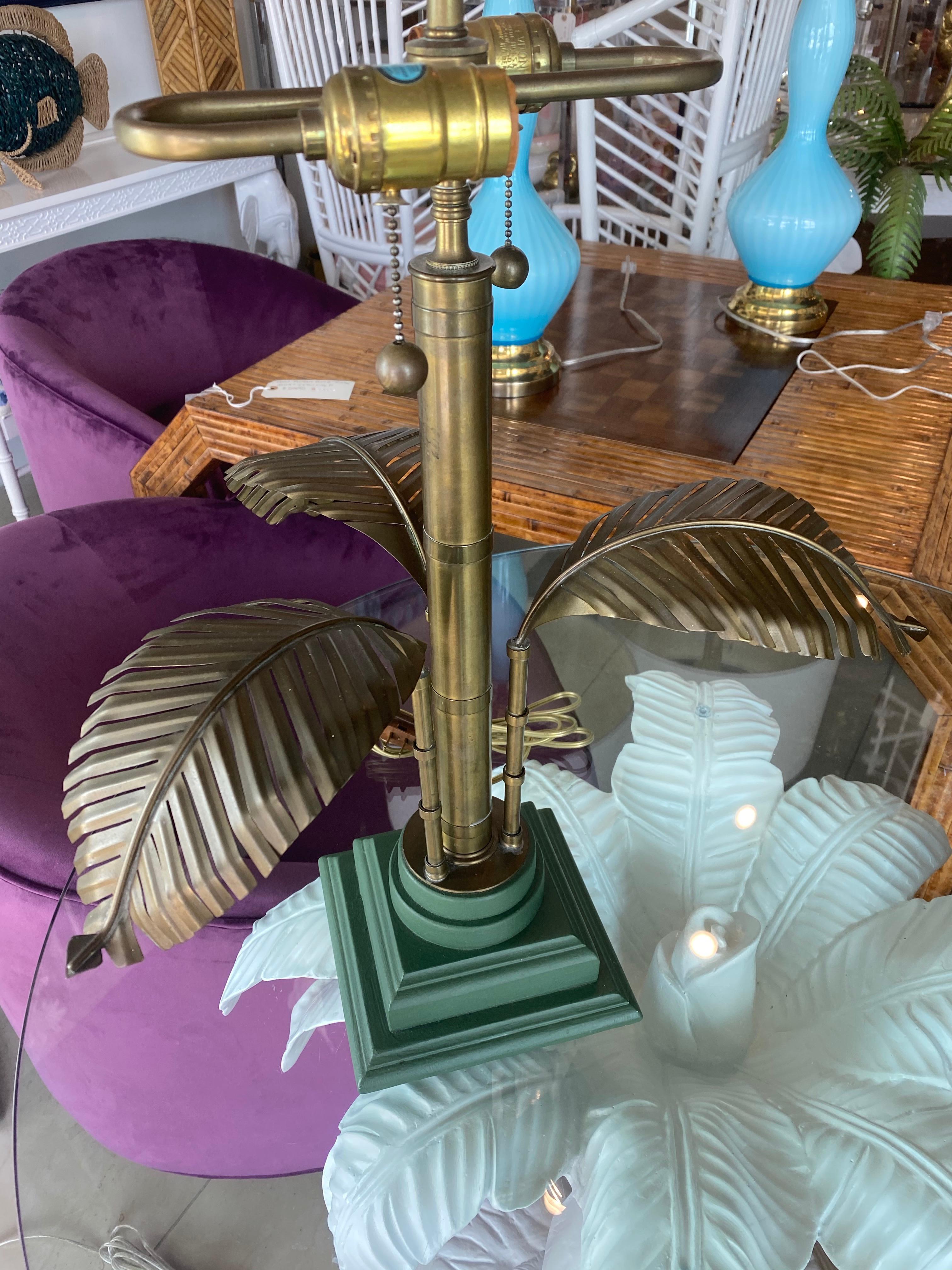 Hollywood Regency Vintage Brass Palm Tree Leaf Leaves Tropical Table Lamps