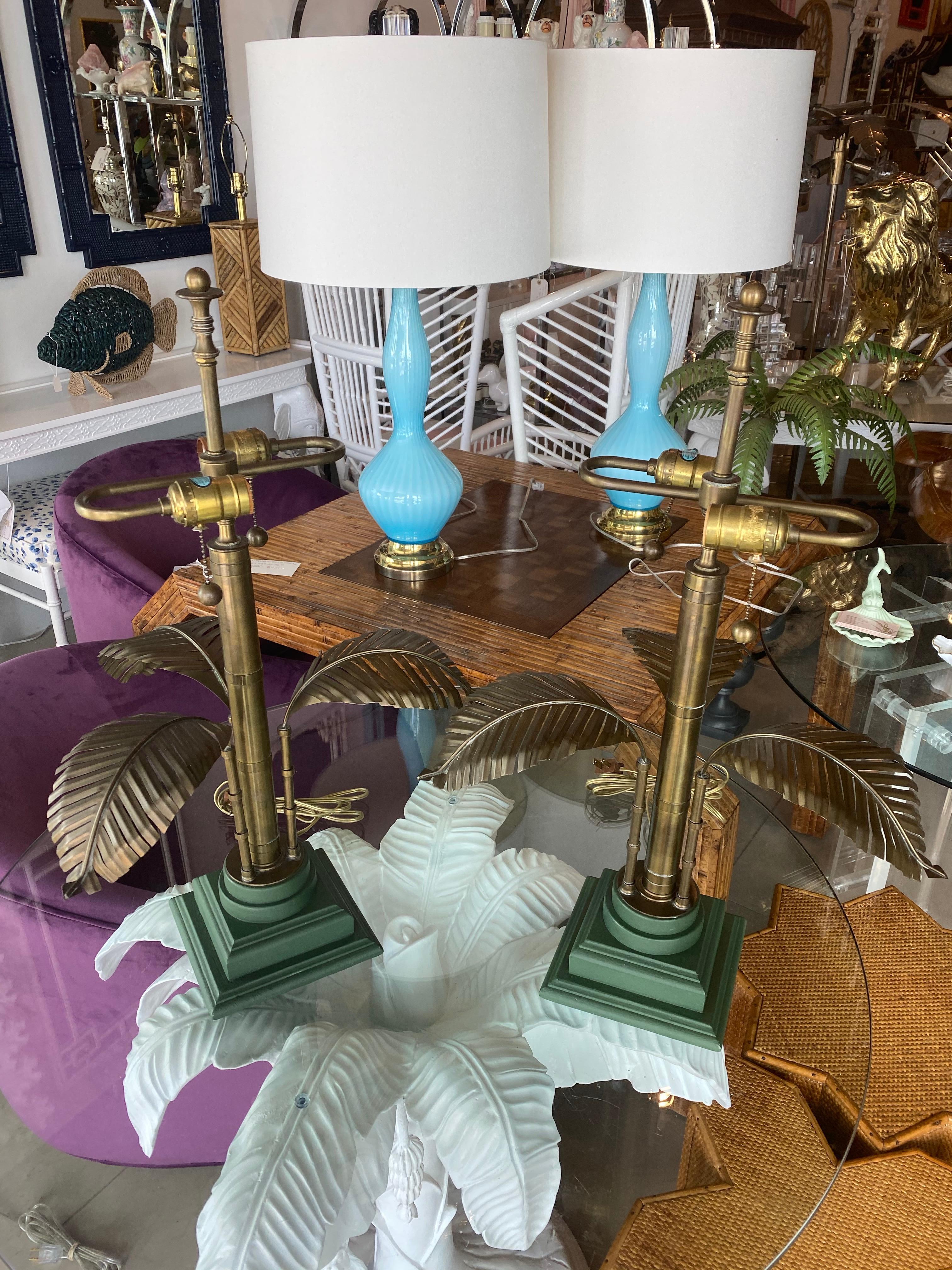 Late 20th Century Vintage Brass Palm Tree Leaf Leaves Tropical Table Lamps
