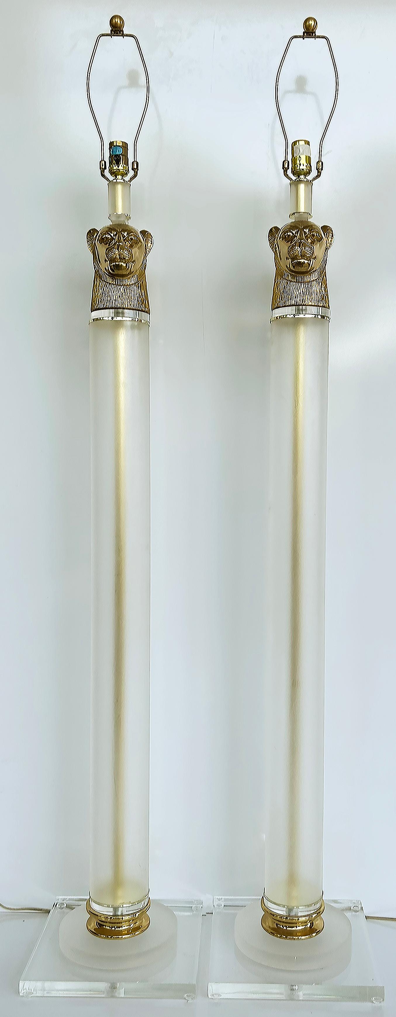 American Vintage Brass Panther Head Floor Lamps with Lucite, Pair  For Sale