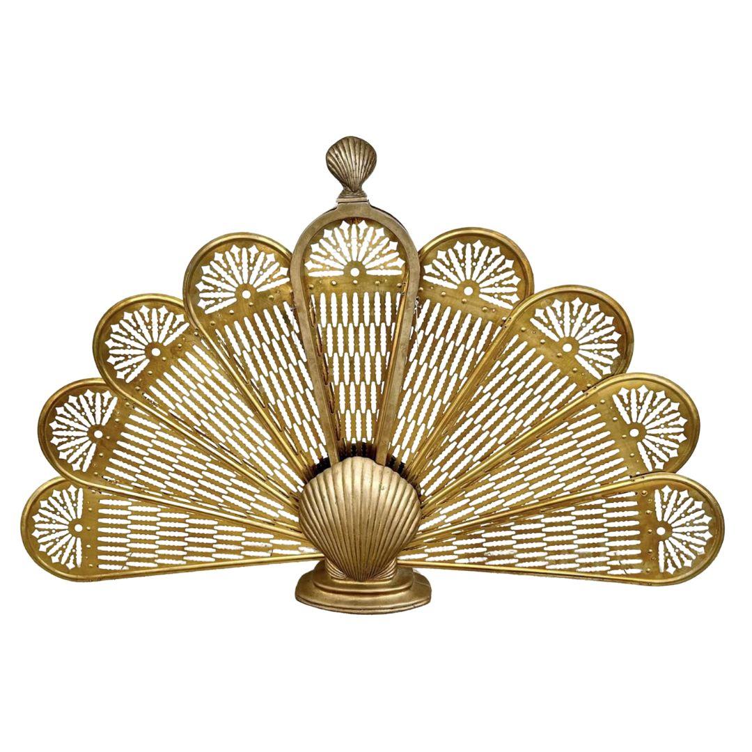 American Vintage Solid Brass Clam Seashell Brass Peacock Fireplace Folding Fan Screen For Sale