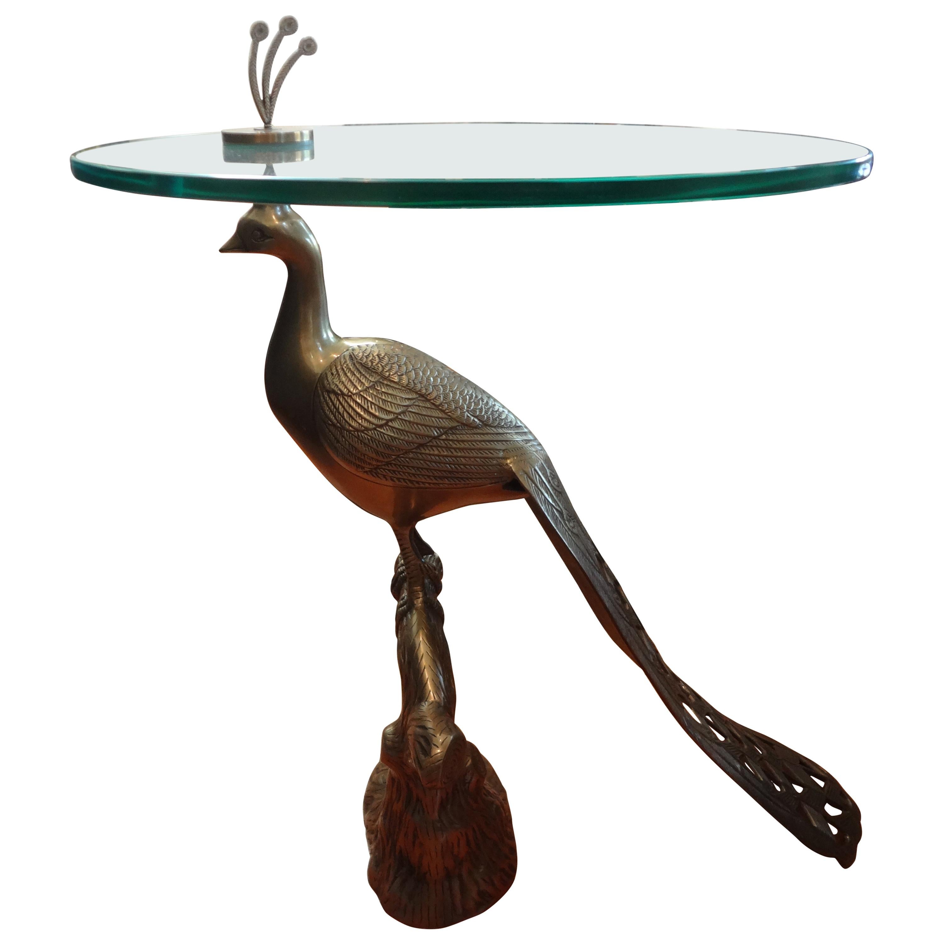 Vintage Brass Peacock Table with Glass Top