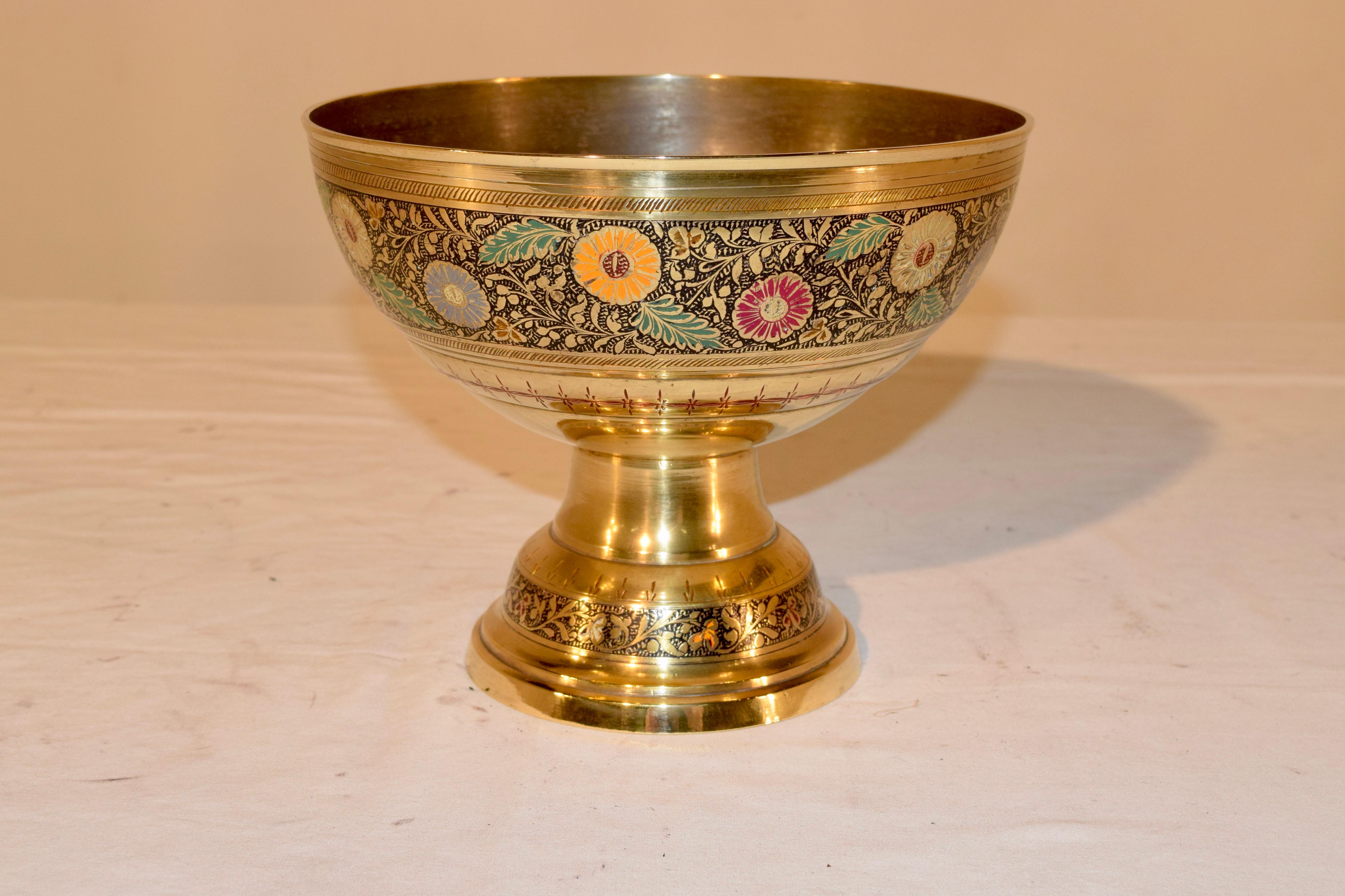 Vintage brass and enamel decorated pedestal bowl in a lovely form with hand painted flower decoration.