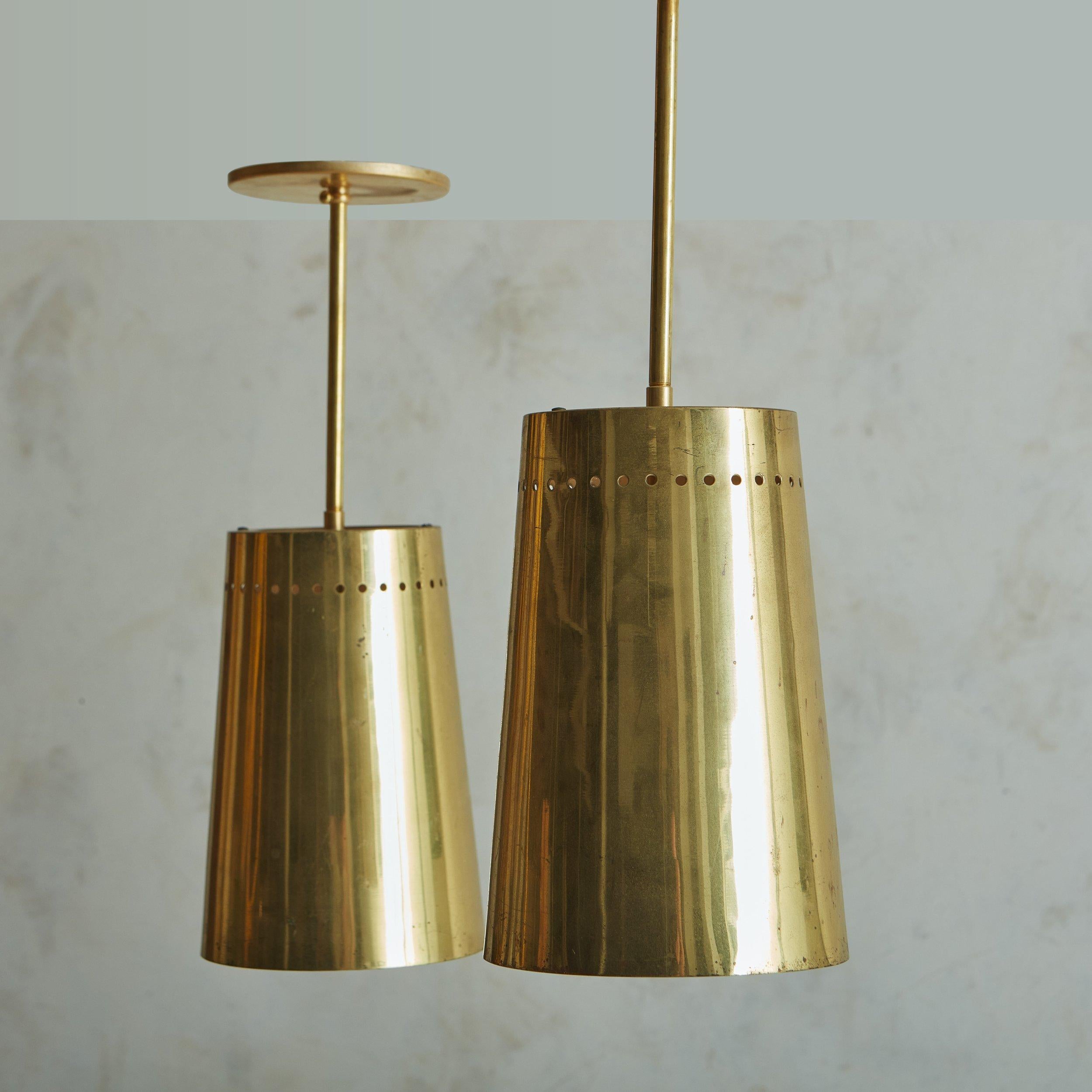 Modern Vintage Brass Pendant Light with Perforated Trim - 2 Available For Sale