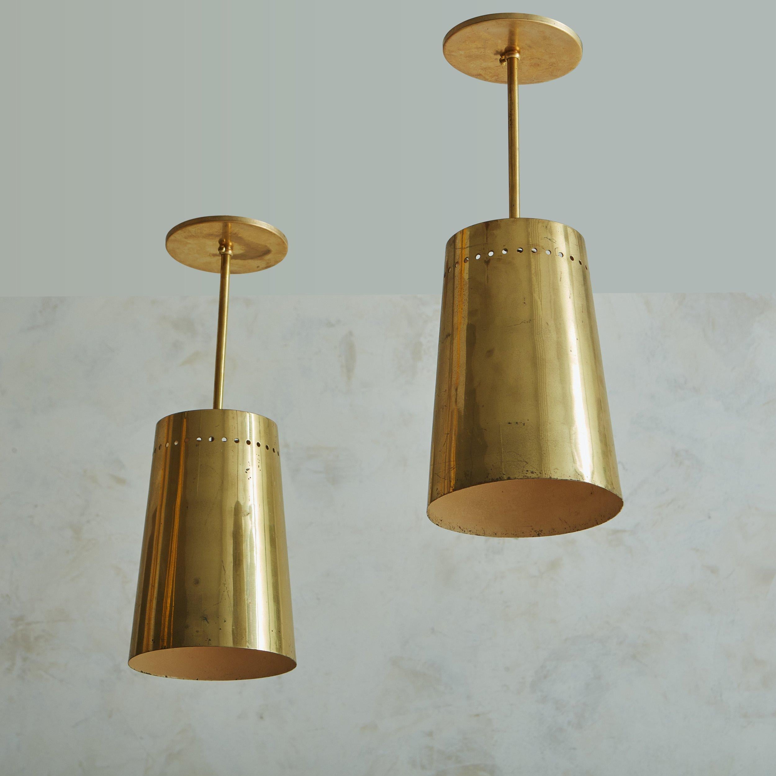 Italian Vintage Brass Pendant Light with Perforated Trim - 2 Available For Sale
