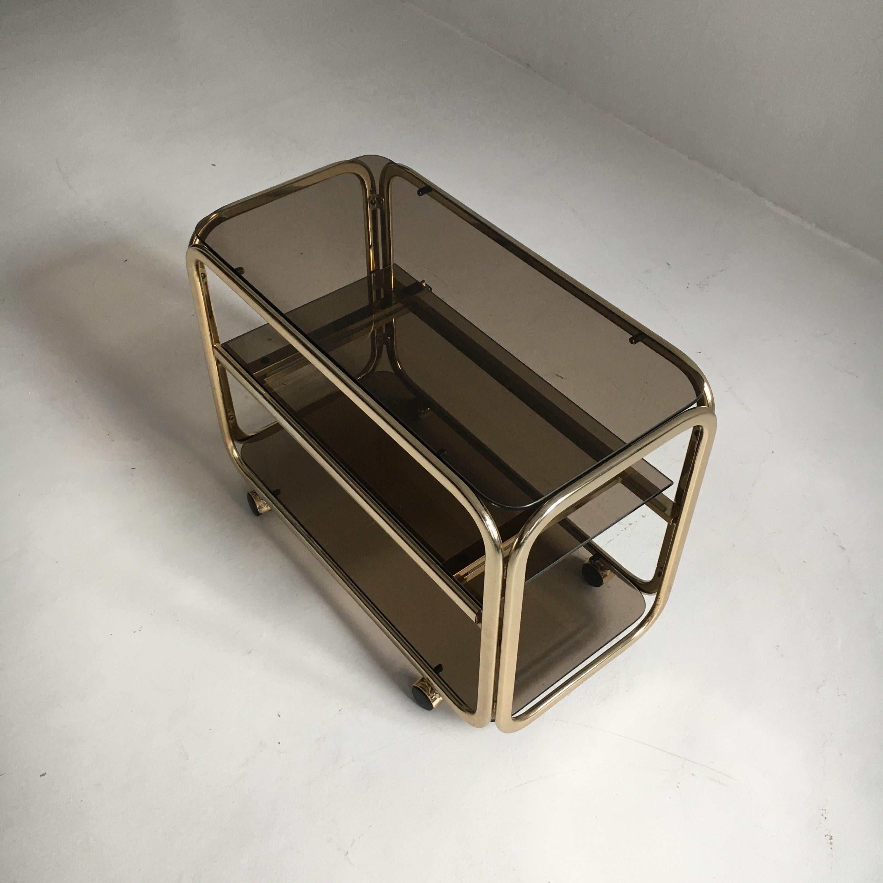 Vintage Brass-Plated Bar Cart Table Brown Smoked Glass Plates by Morex, 1970s 3