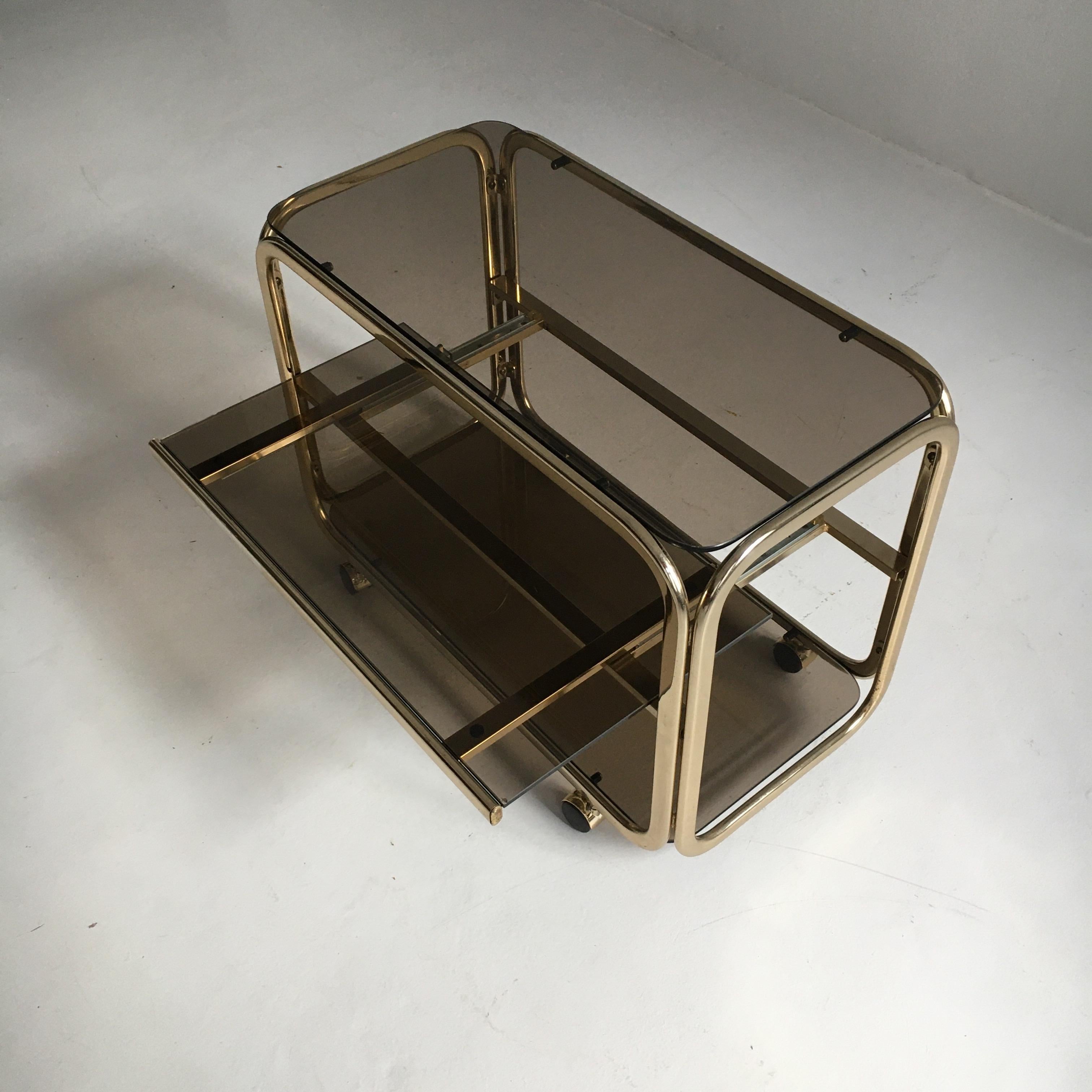 Vintage Brass-Plated Bar Cart Table Brown Smoked Glass Plates by Morex, 1970s 4