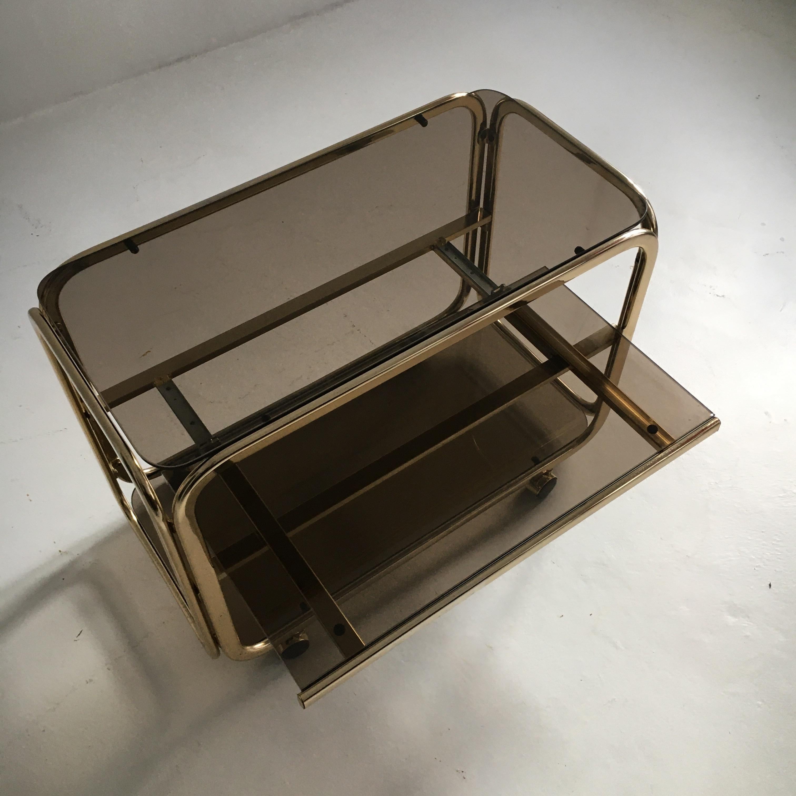 Vintage Brass-Plated Bar Cart Table Brown Smoked Glass Plates by Morex, 1970s 5