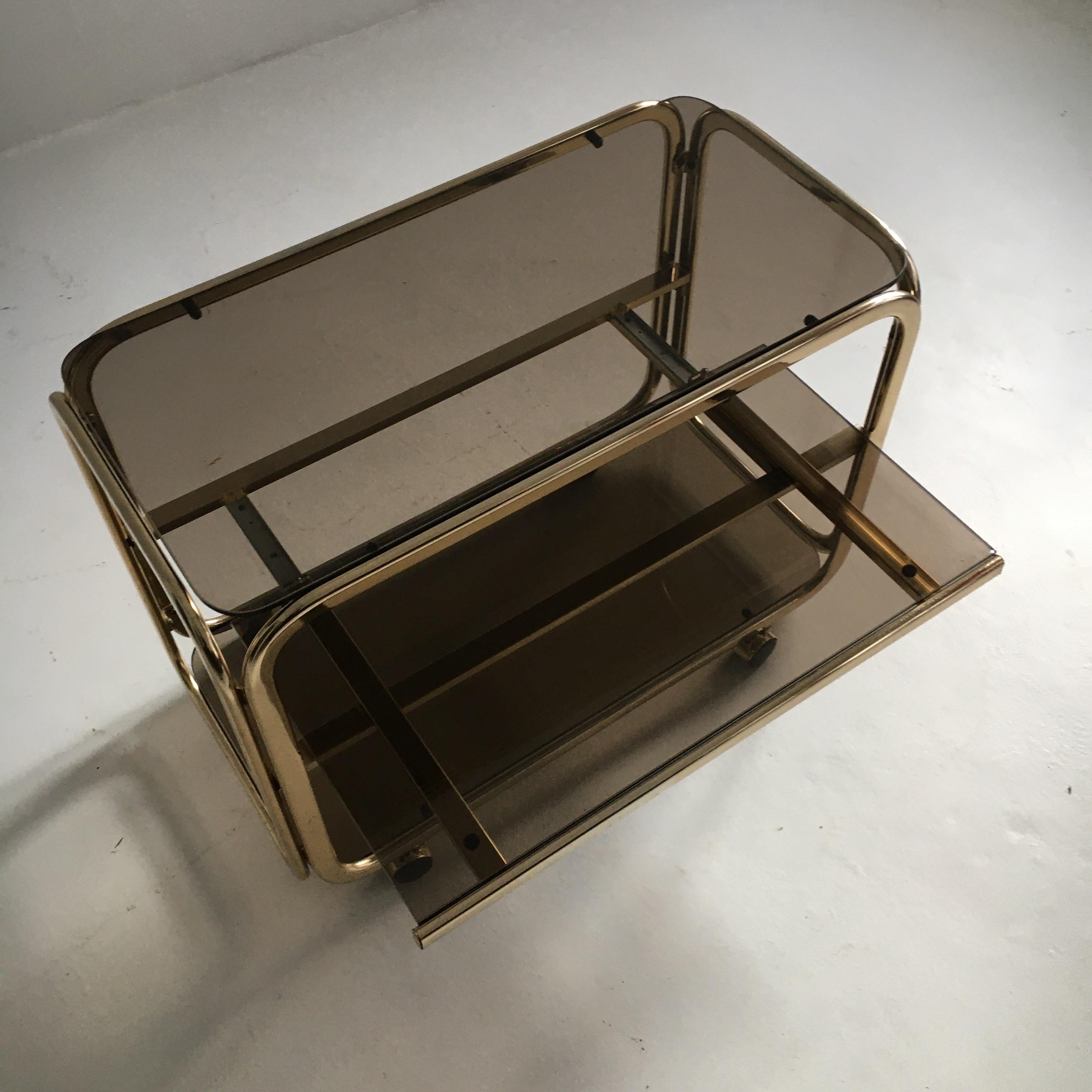 Vintage Brass-Plated Bar Cart Table Brown Smoked Glass Plates by Morex, 1970s 6