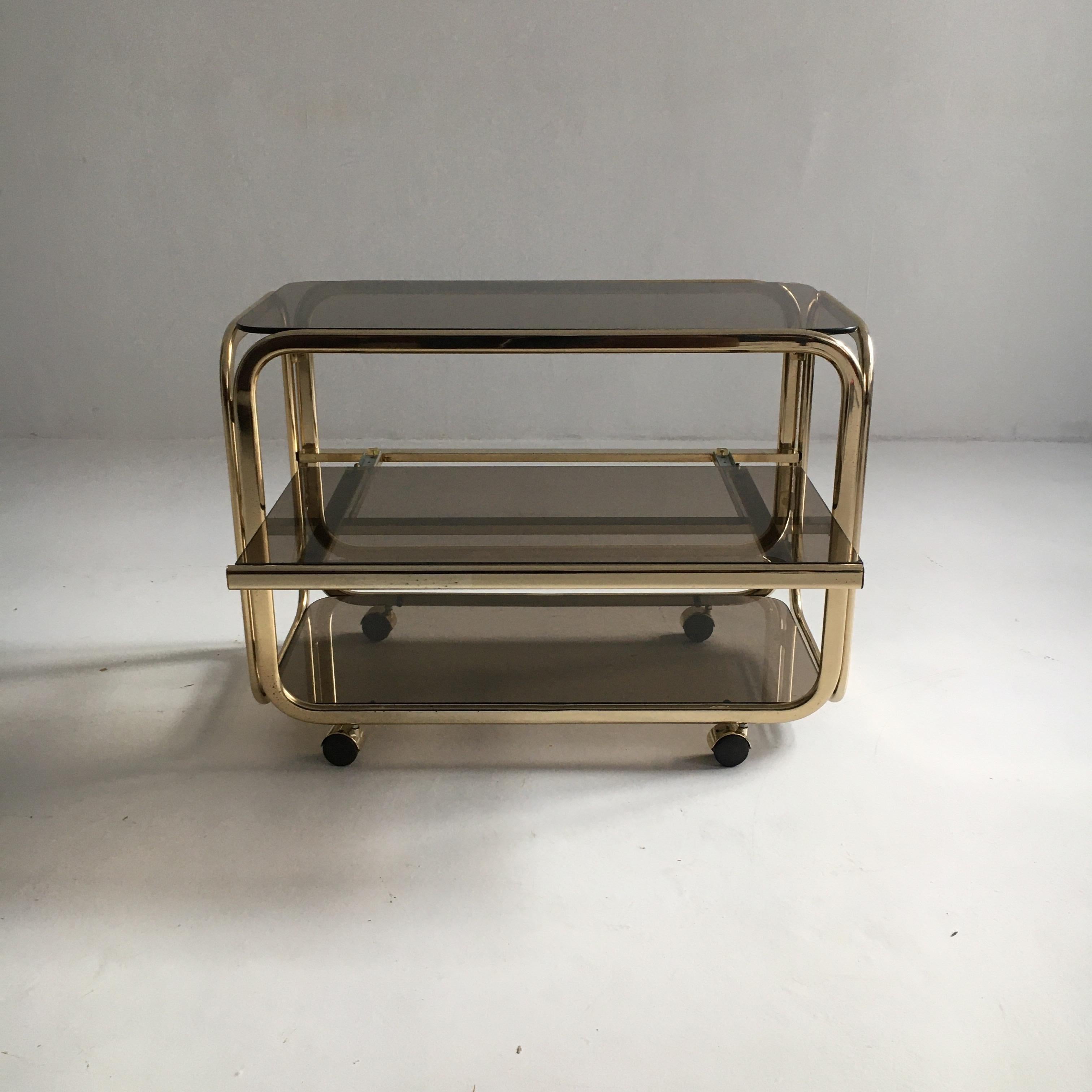 Vintage Brass-Plated Bar Cart Table Brown Smoked Glass Plates by Morex, 1970s 7