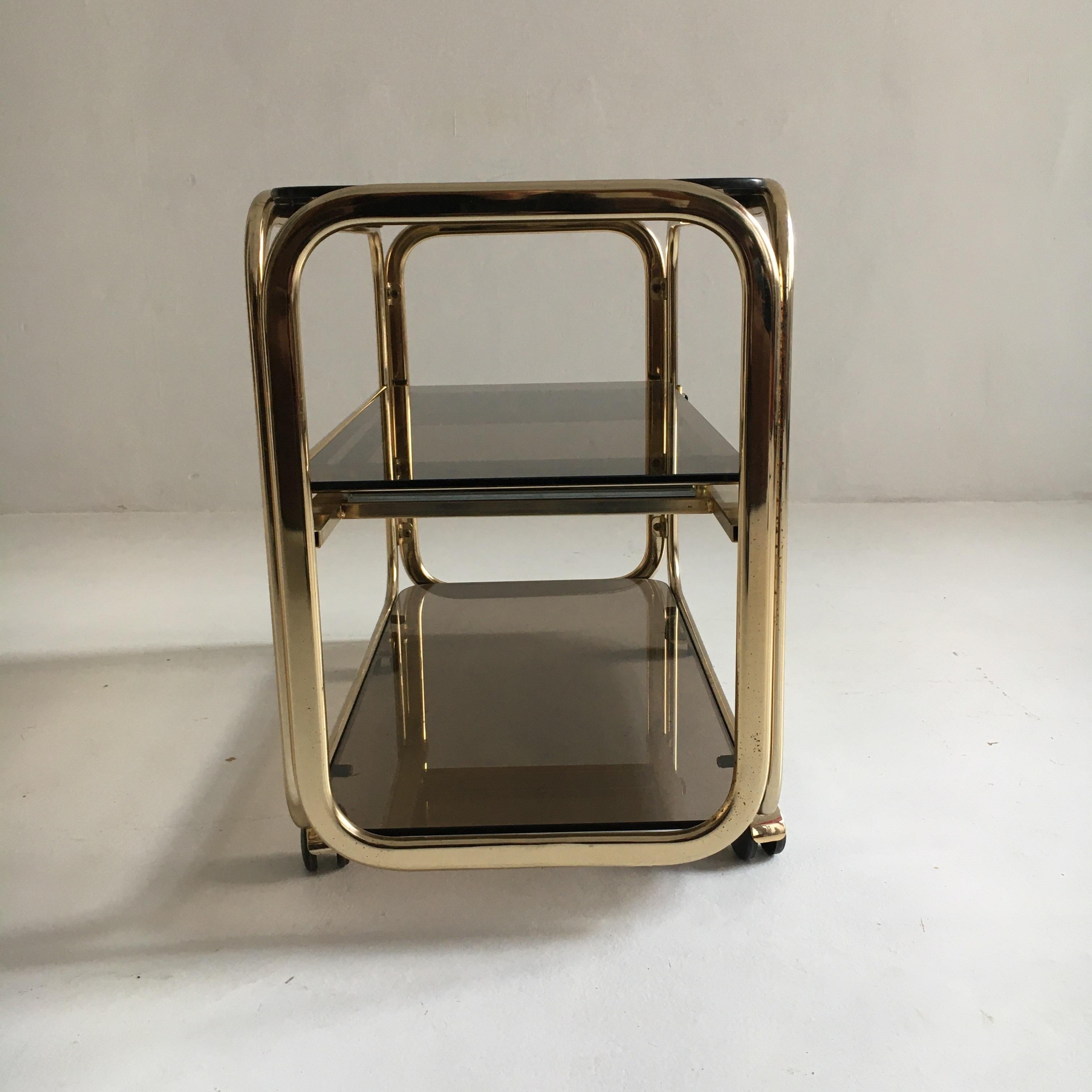 Vintage Brass-Plated Bar Cart Table Brown Smoked Glass Plates by Morex, 1970s 10
