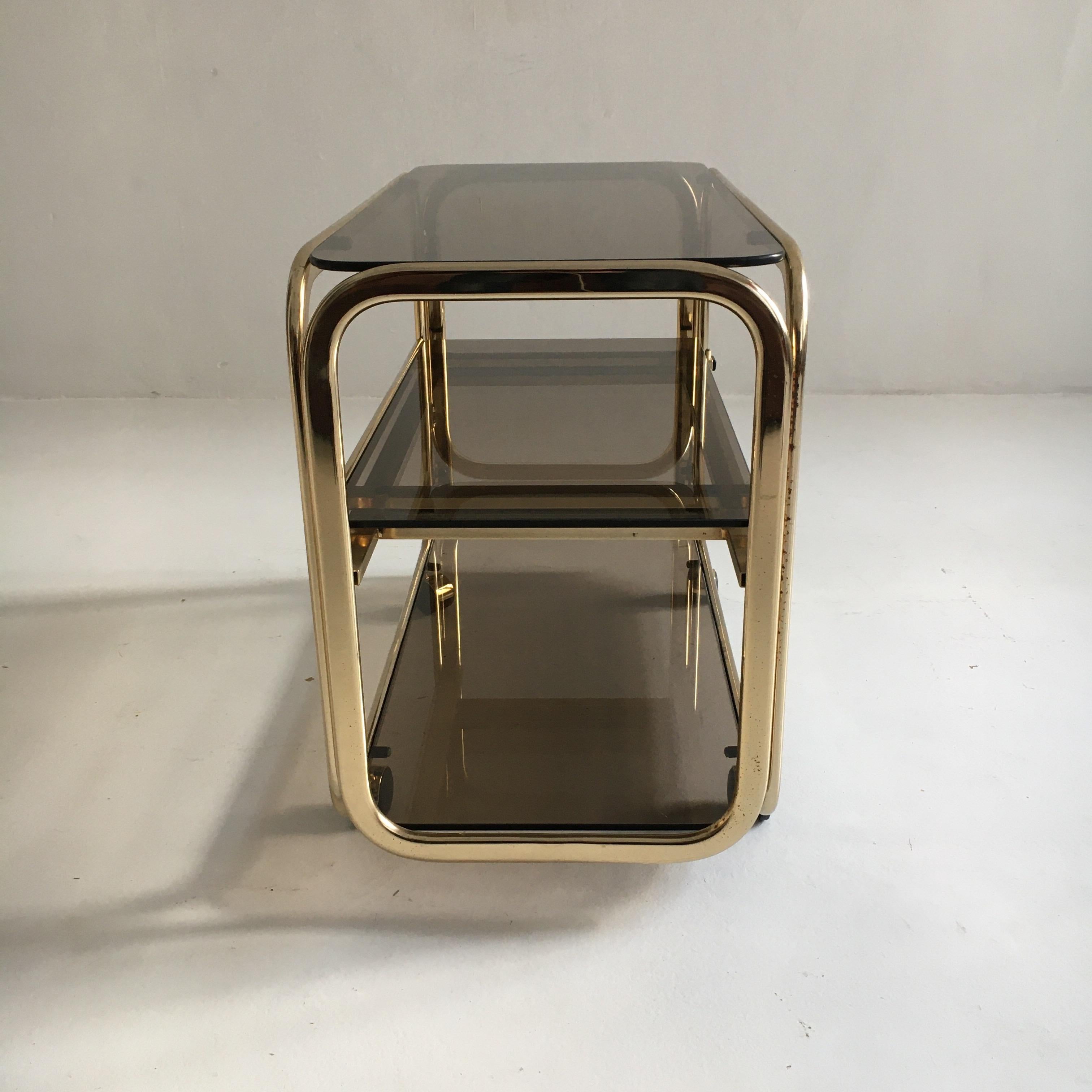 Vintage Brass-Plated Bar Cart Table Brown Smoked Glass Plates by Morex, 1970s 11