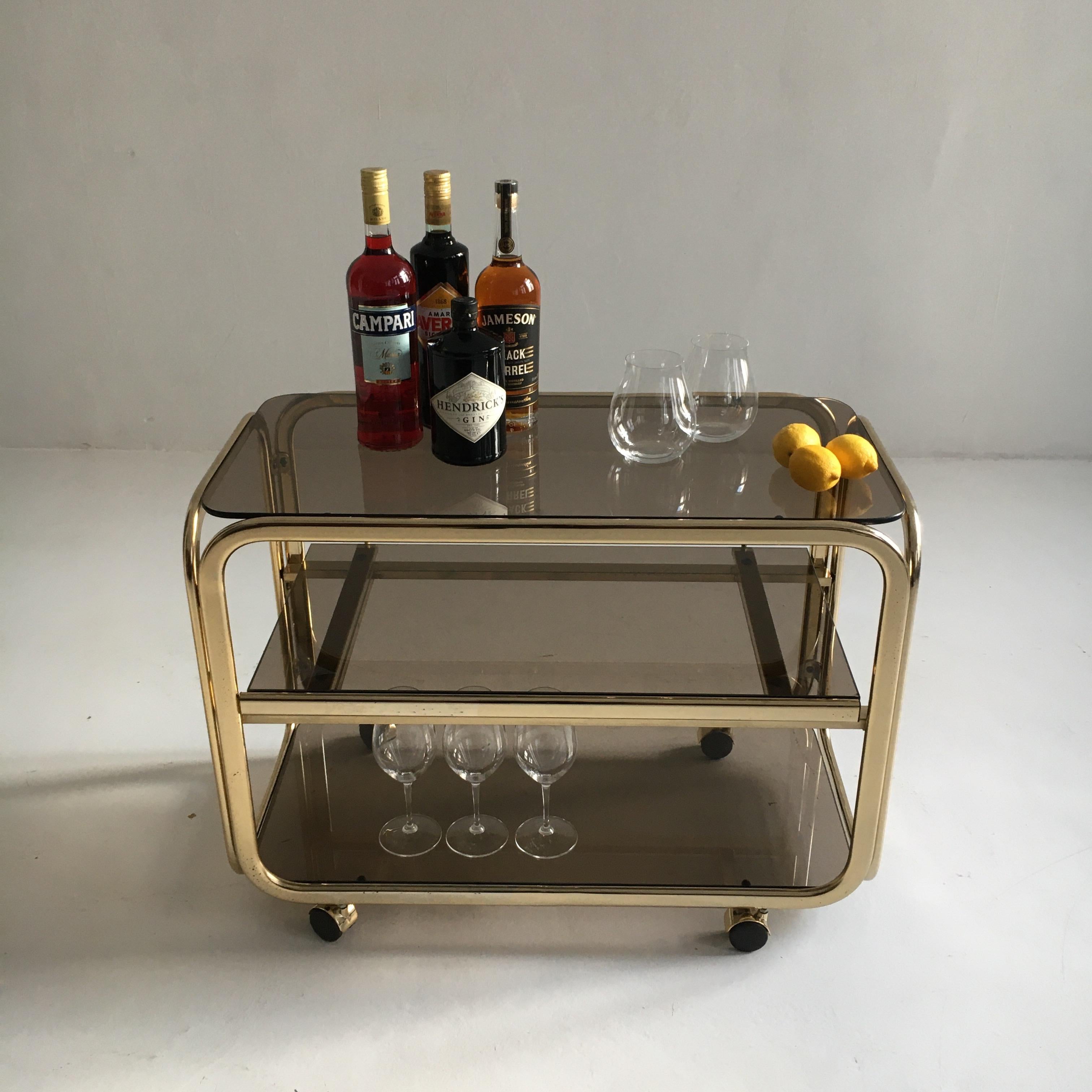 Mid-Century Modern Vintage Brass-Plated Bar Cart Table Brown Smoked Glass Plates by Morex, 1970s