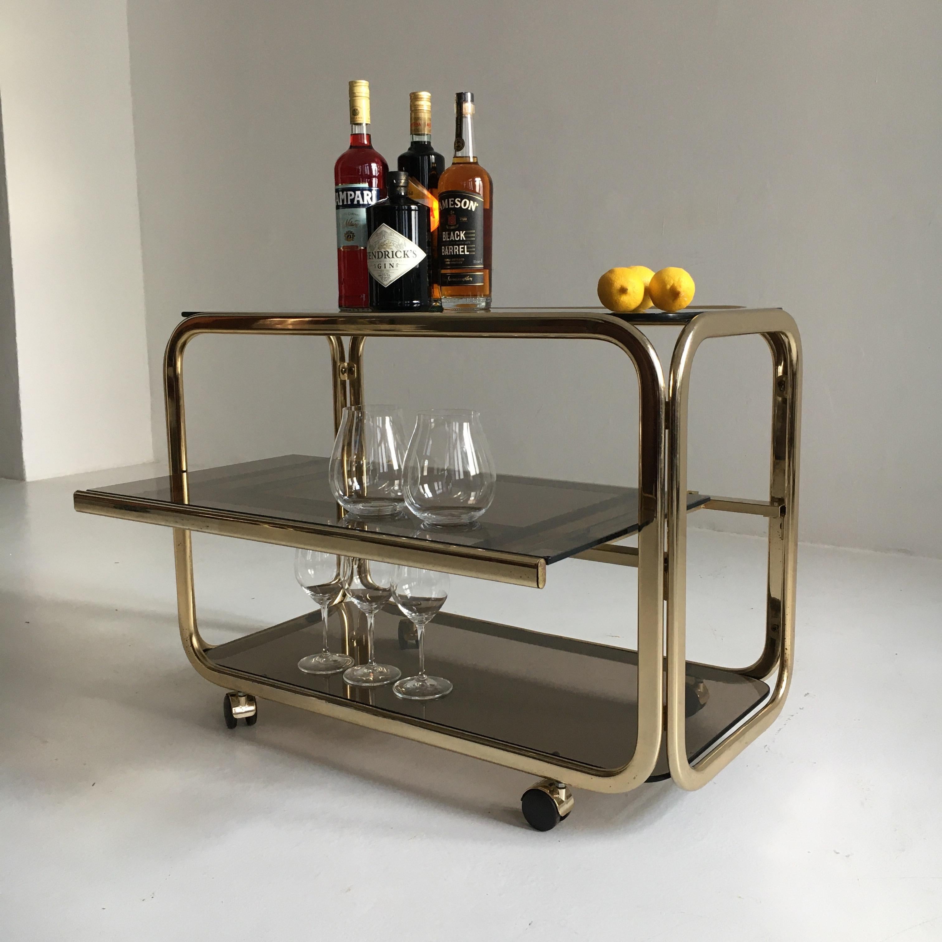 Italian Vintage Brass-Plated Bar Cart Table Brown Smoked Glass Plates by Morex, 1970s